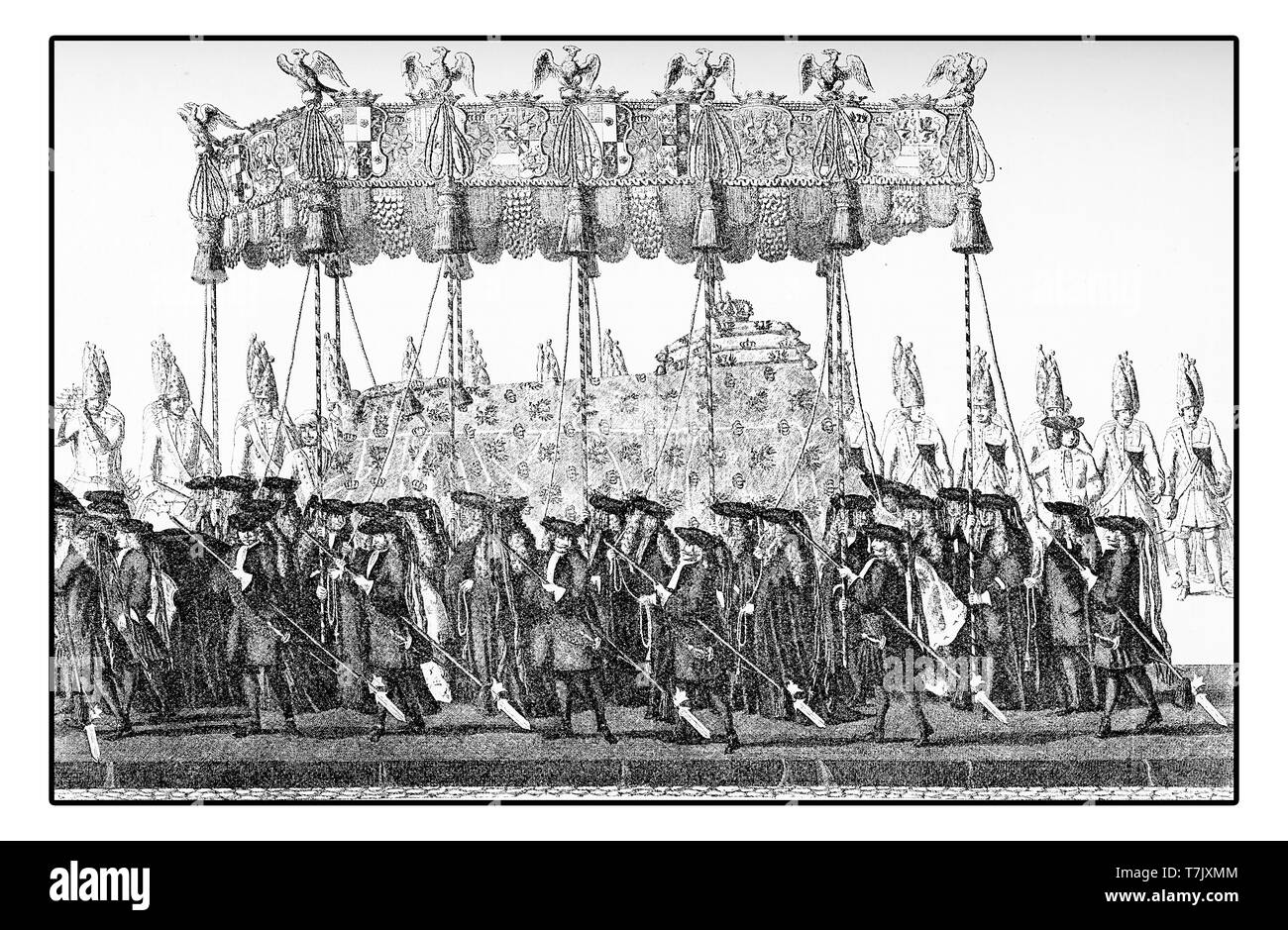 Il corteo funebre per la morte di Federico Guglielmo I di Prussia 1740 'soldier king'; un uomo di sobrietà e stile di vita austero ha migliorato la Prussia economicamente e militarmente e promosso nelle scuole e negli ospedali Foto Stock