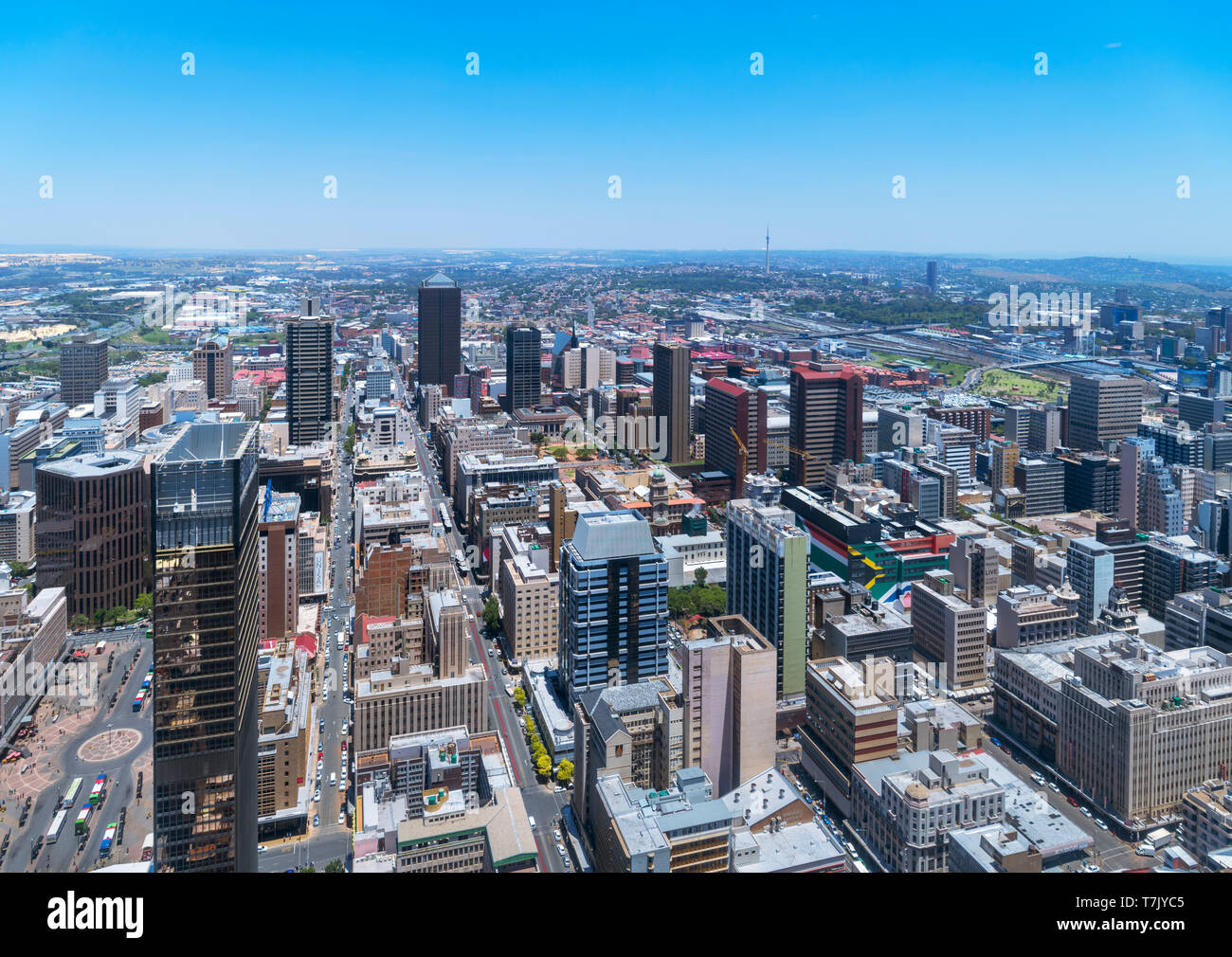 Skyline di Johannesburg. Vista aerea sul Central Business District (CBD) dalla Carlton Tower, Johannesburg, Sud Africa. Foto Stock