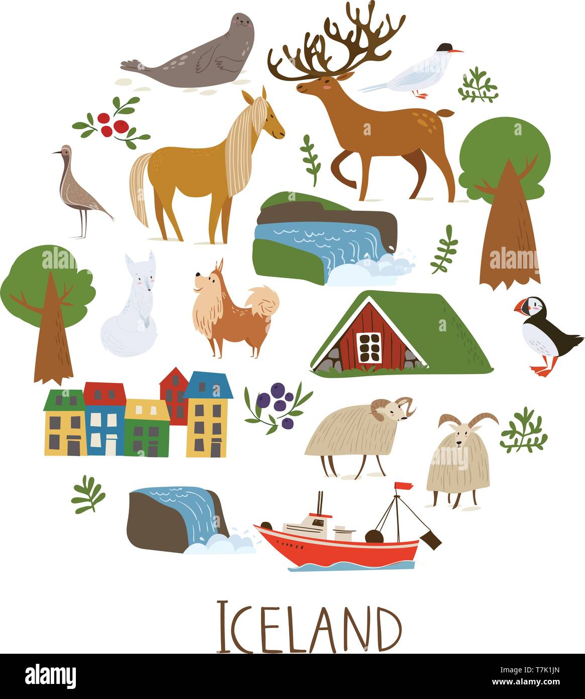 Islanda natura i simboli vettoriali di paesaggi, animali e architettura. Illustrazione Vettoriale