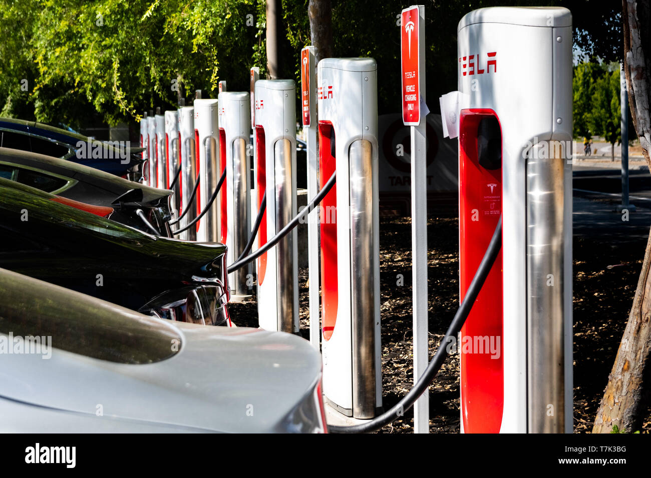 5 maggio 2019 San Jose / CA / STATI UNITI D'AMERICA - i veicoli Tesla collegato in corrispondenza di una stazione di carica nella parte sud di San Francisco Bay Area; Silicon Valley Foto Stock