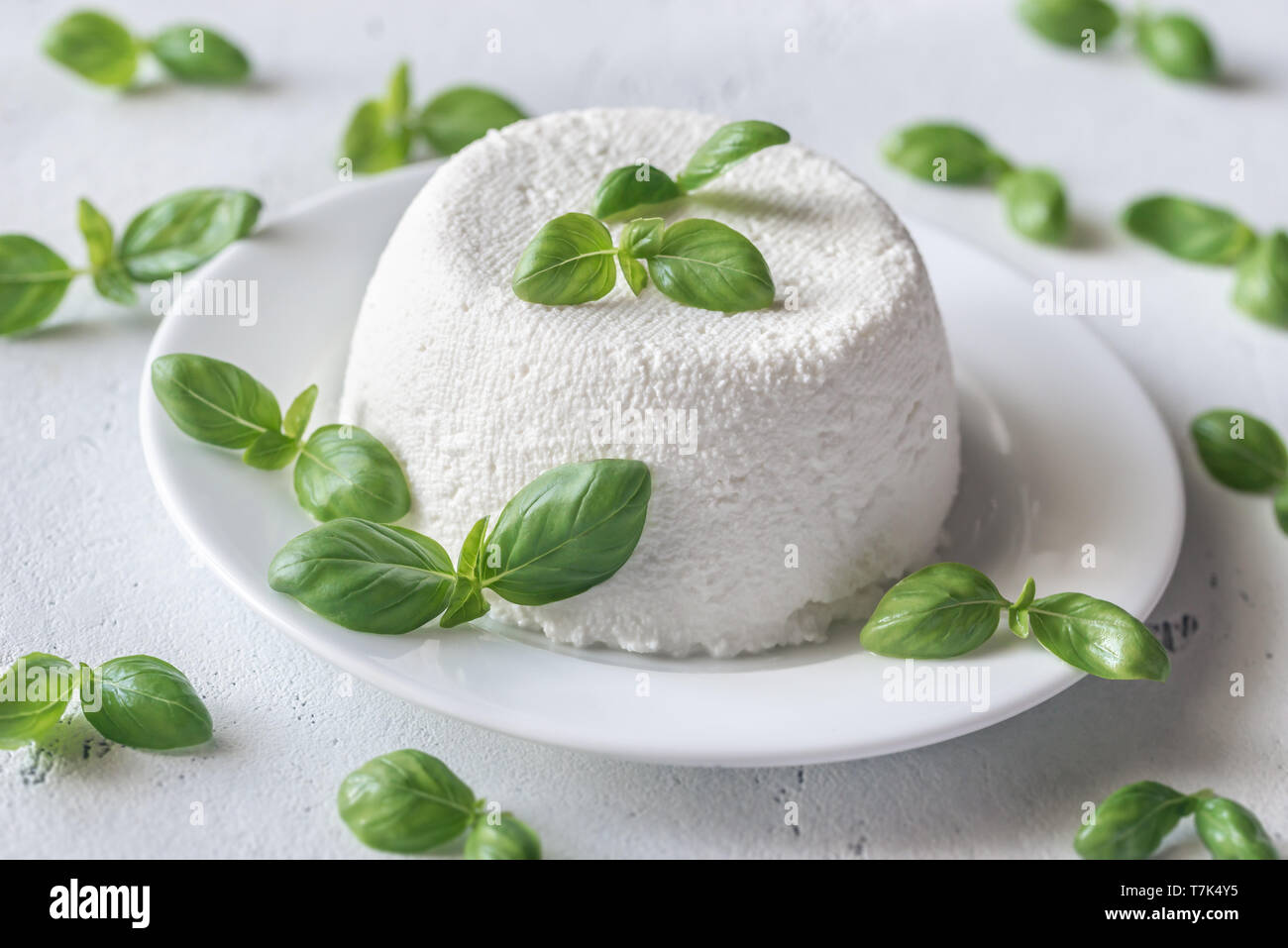 Ricotta - Italiano il formaggio di siero di latte con foglie di basilico  fresco Foto stock - Alamy
