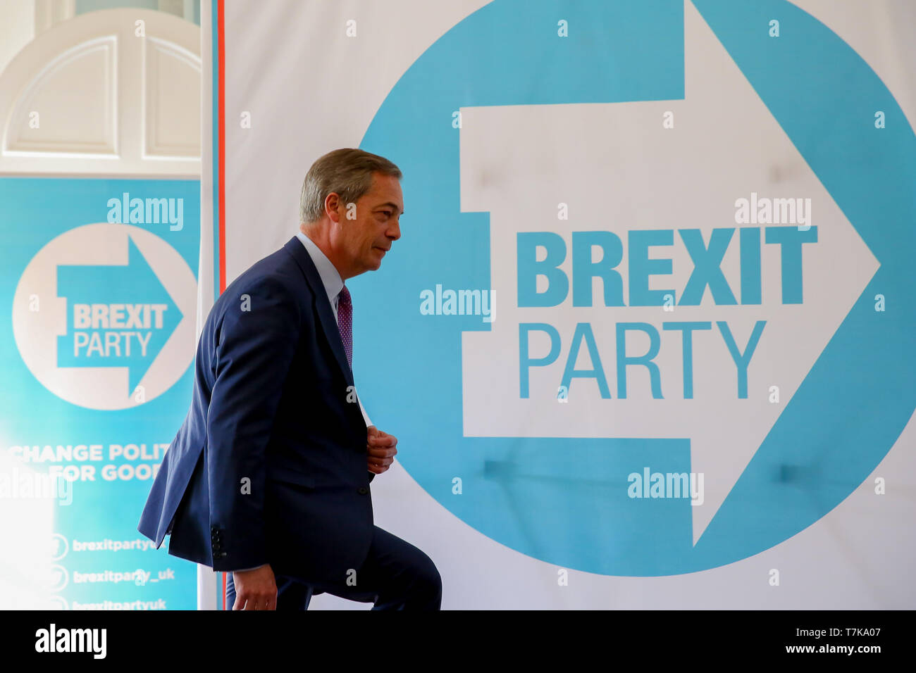 Londra, UK, UK. Il 7 maggio, 2019. Leader del Partito Brexit Nigel Farage è visto durante il Brexit parte della conferenza stampa per la campagna elettorale europea di Westminster. Il Regno Unito prenderà parte nel caso delle elezioni europee che si svolgeranno il 23 maggio 2019. Credito: Dinendra Haria/SOPA Immagini/ZUMA filo/Alamy Live News Foto Stock