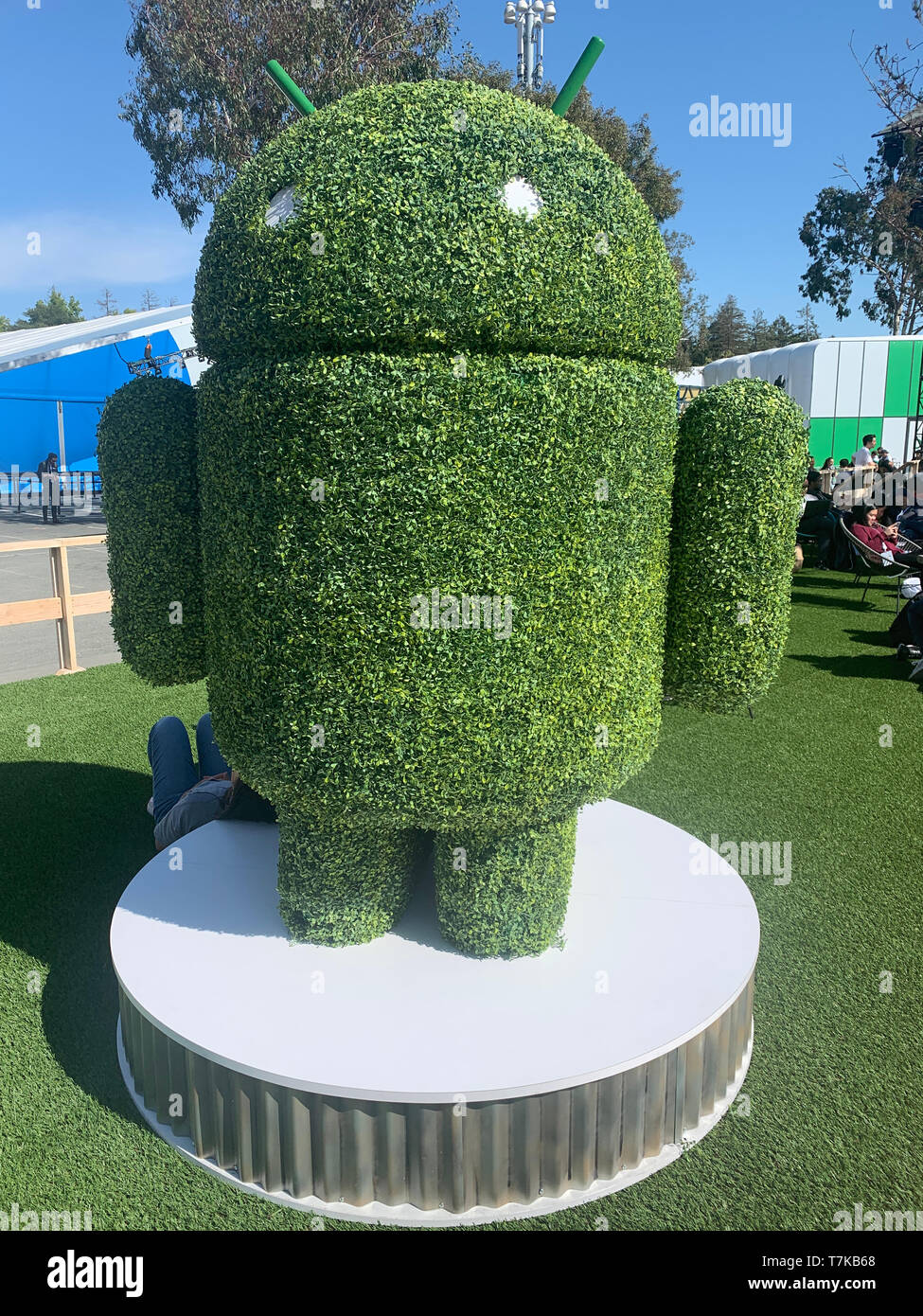 Mountain View, Stati Uniti d'America. 07 Maggio, 2019. La mascotte del sistema operativo Google Android è a Google I/O Developer Conference. Annuale di Google I/O tradizionalmente annuncia notizie su Android, il più diffuso sistema operativo per smartphone e i servizi Google. Credito: Christoph Dernbach/dpa/Alamy Live News Foto Stock