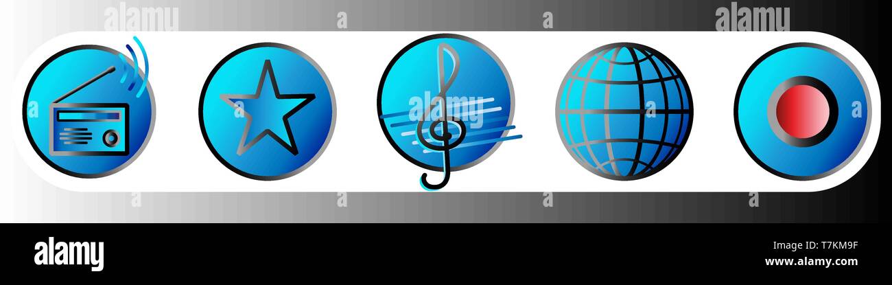 Musica e riprodurre le icone di gradiente in sfumature di blu. Set 4. Illustrazione vettoriale EPS 10 Illustrazione Vettoriale