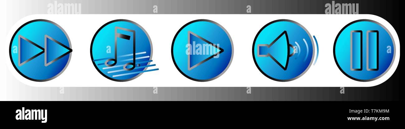 Musica e riprodurre le icone di gradiente in blu. Set 1. Illustrazione vettoriale EPS 10 Illustrazione Vettoriale
