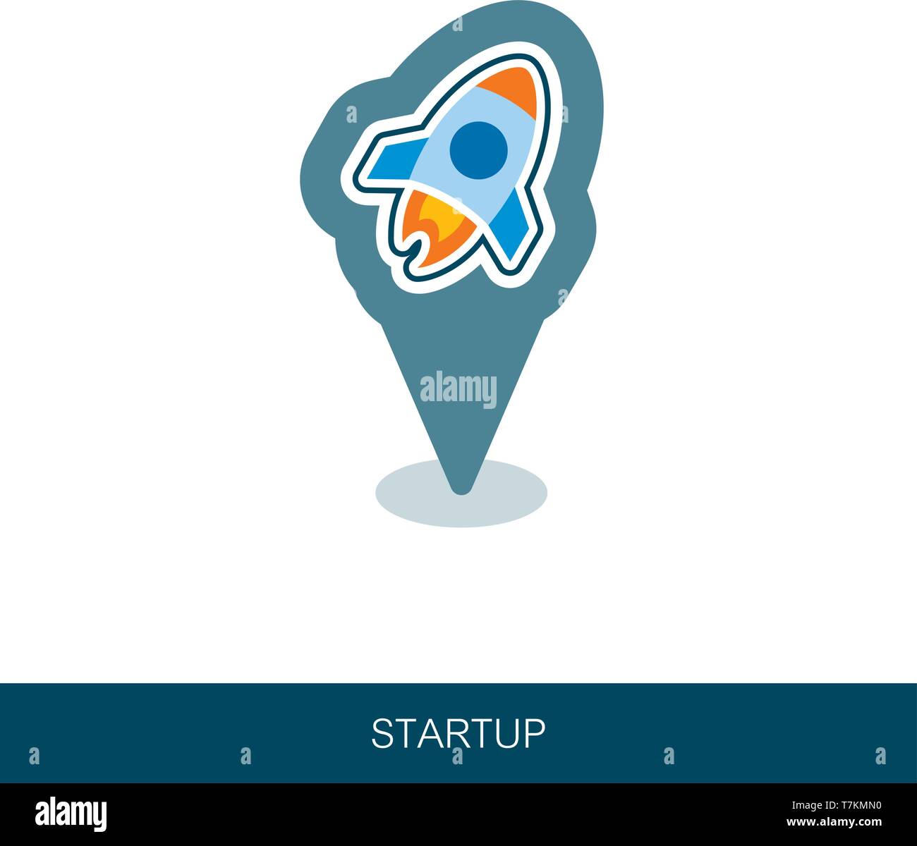 Avviare il pin icona della mappa. Startup business rocket segno. Puntatore Mappa. I marcatori mappa. Il design del vettore di tecnologia blockchain, bitcoin, altcoins, cryptocurren Illustrazione Vettoriale