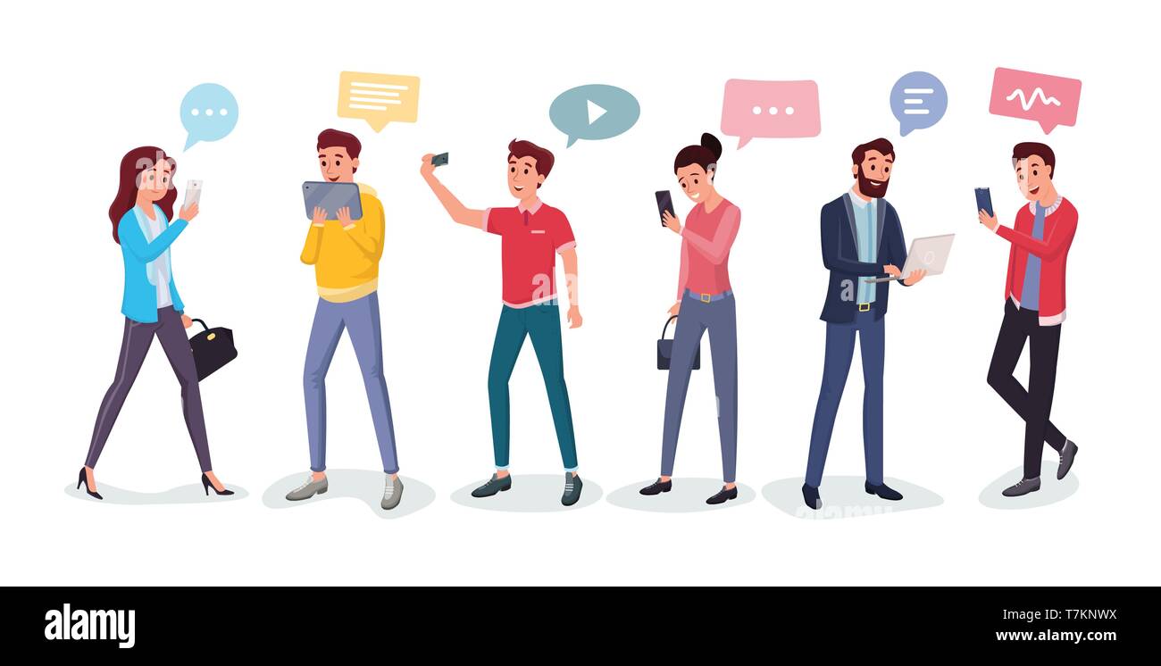Gli uomini e le donne che usano i gadget moderni illustrazione vettoriale. I ragazzi e le ragazze la digitazione di messaggi, rendendo la traduzione video, parlare e navigare in internet. Sociale il concetto di rete Illustrazione Vettoriale