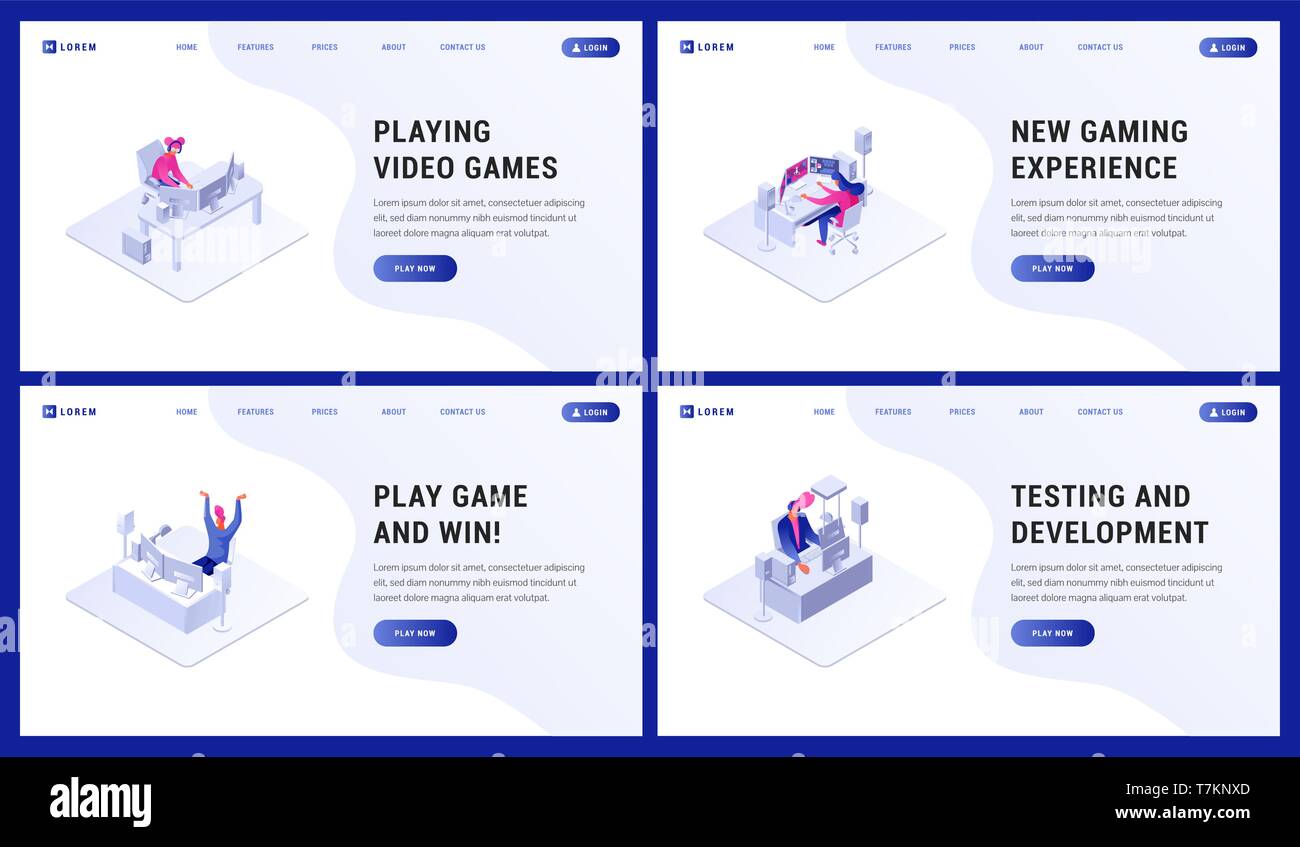 Composizione consistono di modello di pagina web per giocare con i videogiochi, nuova expirience, giocare e vincere e il test e lo sviluppo illustrazione vettoriale. Le persone che usano il computer per scopi diversi. Illustrazione Vettoriale
