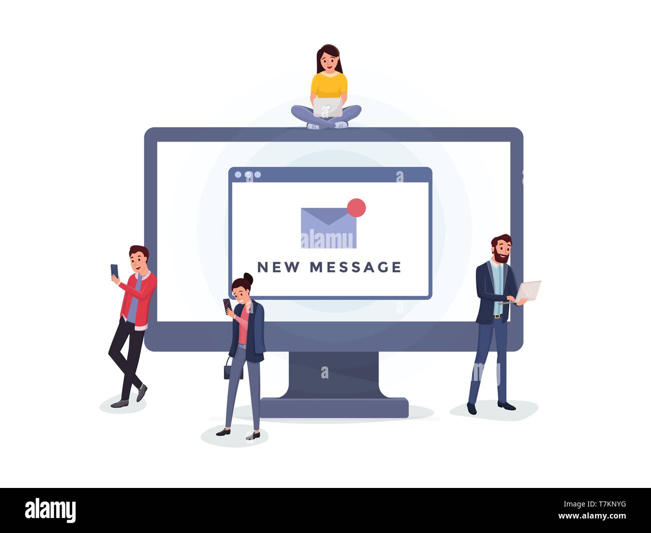 Cartoon di uomini e donne al pc utilizzando gli smartphone portatili per la comunicazione illustrazione vettoriale. Lo schermo del monitor del computer con icona nuovo messaggio. Sociale il concetto di rete Illustrazione Vettoriale