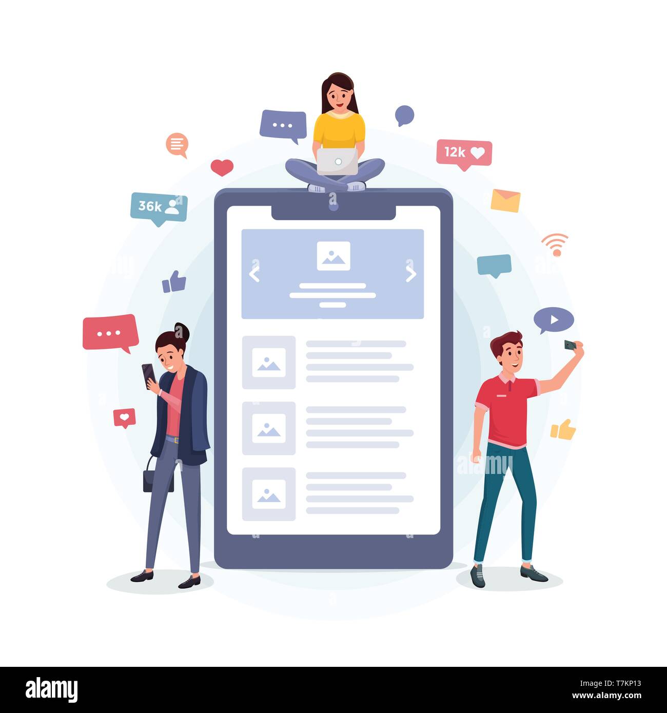 Cartoon l uomo e la donna navigare in internet utilizzando il laptop e smartphone. Cellulare schermo con open social media applicazione illustrazione vettoriale. Account del profilo con ama gli amici le icone dei messaggi Illustrazione Vettoriale