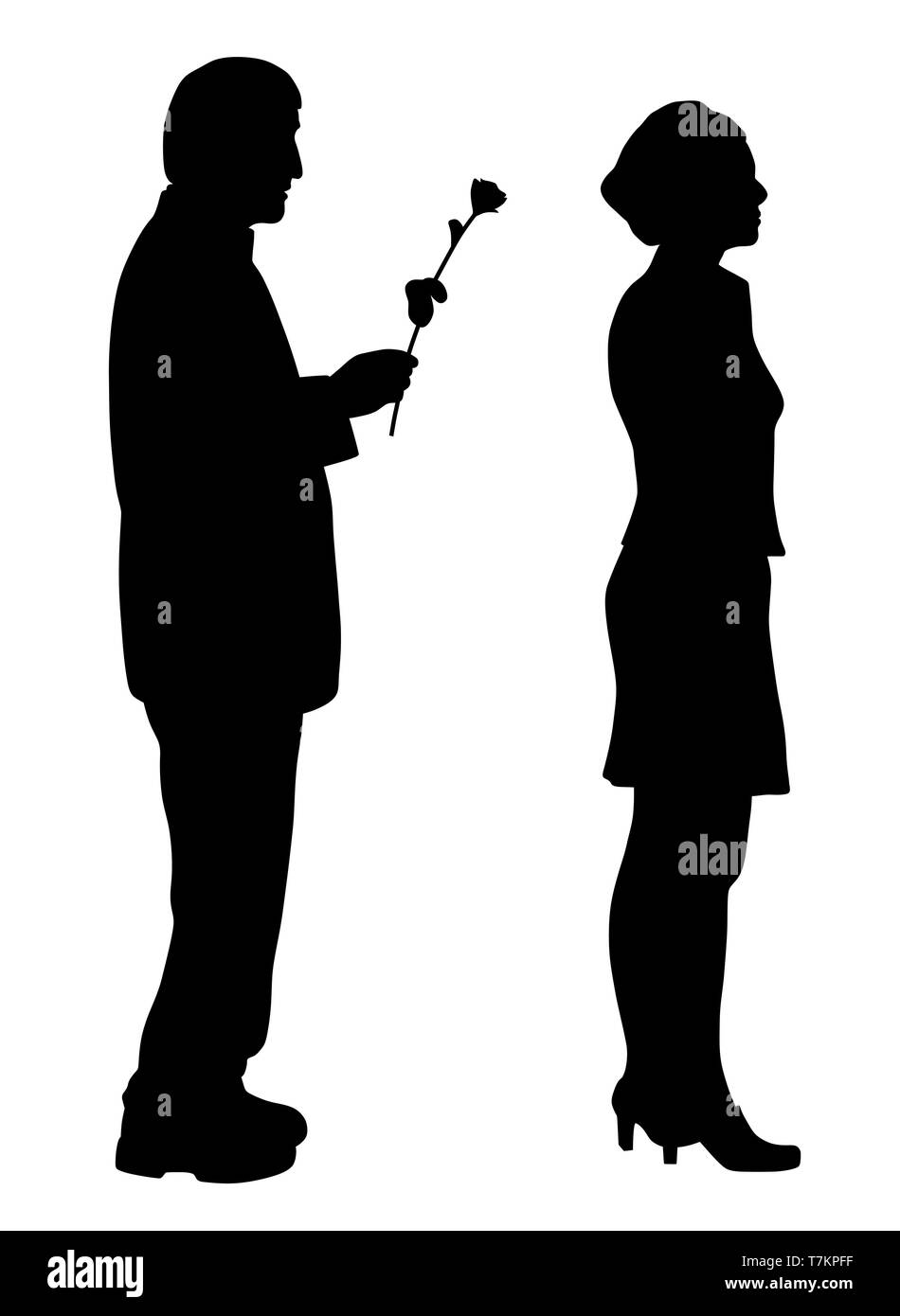L'uomo dicendo dispiace e dando una rosa alla donna offesa. La donna ignora scusarsi e girare la schiena all'uomo. Illustrazione Vettoriale