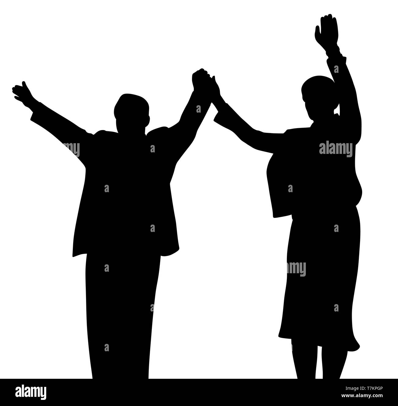 Business di successo di partner o di leader politici, il marito e la moglie in piedi sul palco, sventolando le mani alzate e saluto le persone Illustrazione Vettoriale