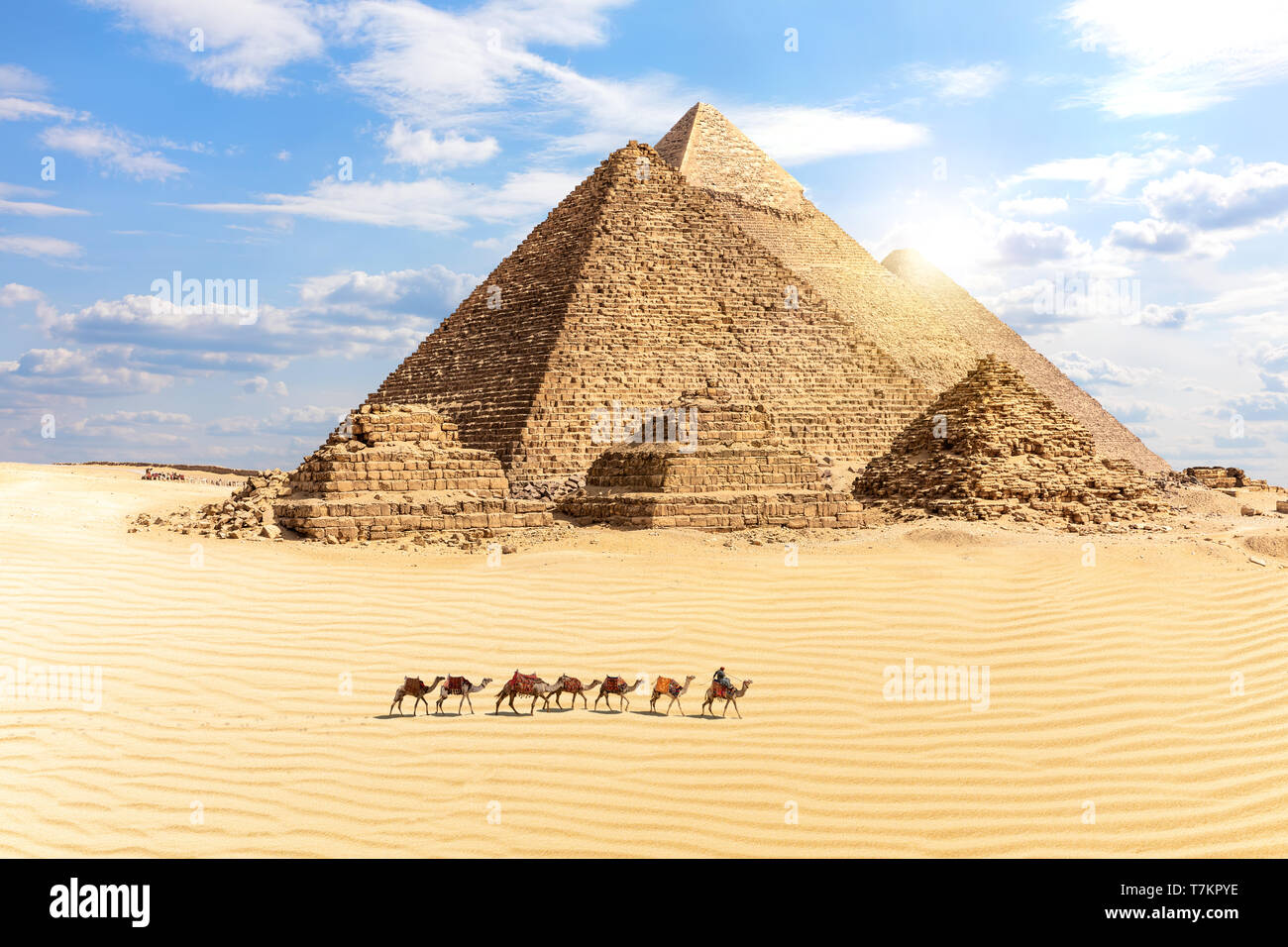 Le Grandi Piramidi di Giza e un treno di cammelli nel deserto, Egitto. Foto Stock