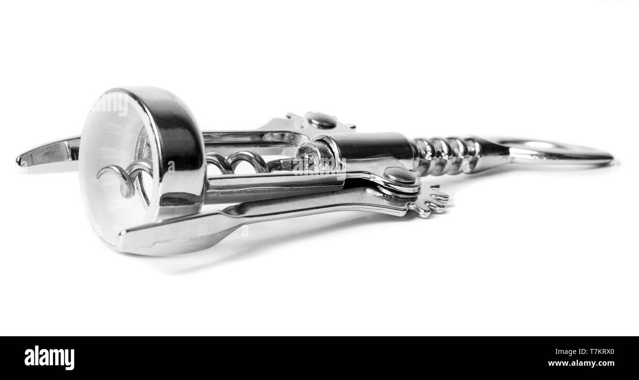 Bottiglia cork apriporta isolato su bianco Foto Stock