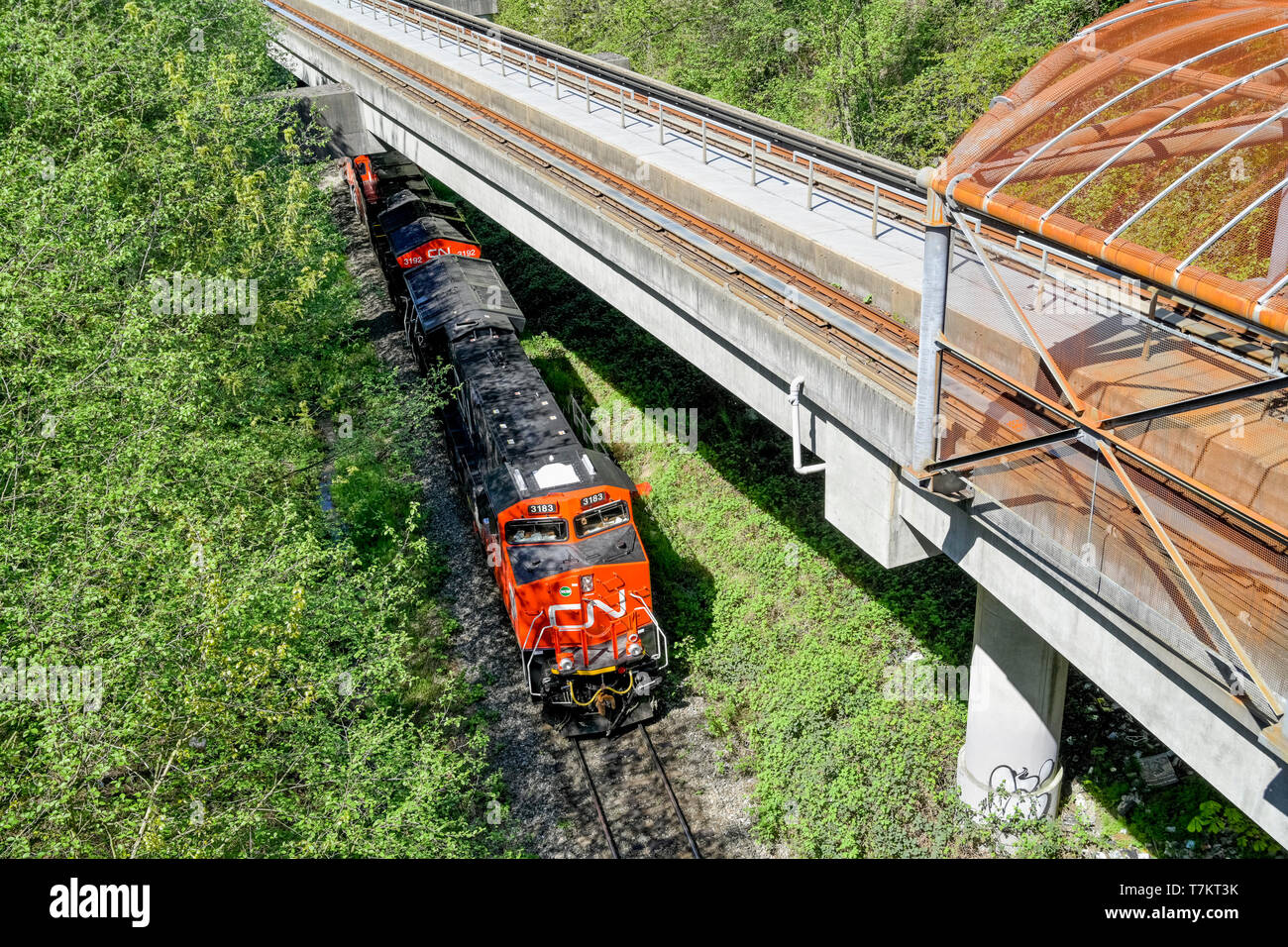 CN treno merci e le tracce dello Skytrain, Grandview tagliare, Vancouver, British Columbia, Canada Foto Stock