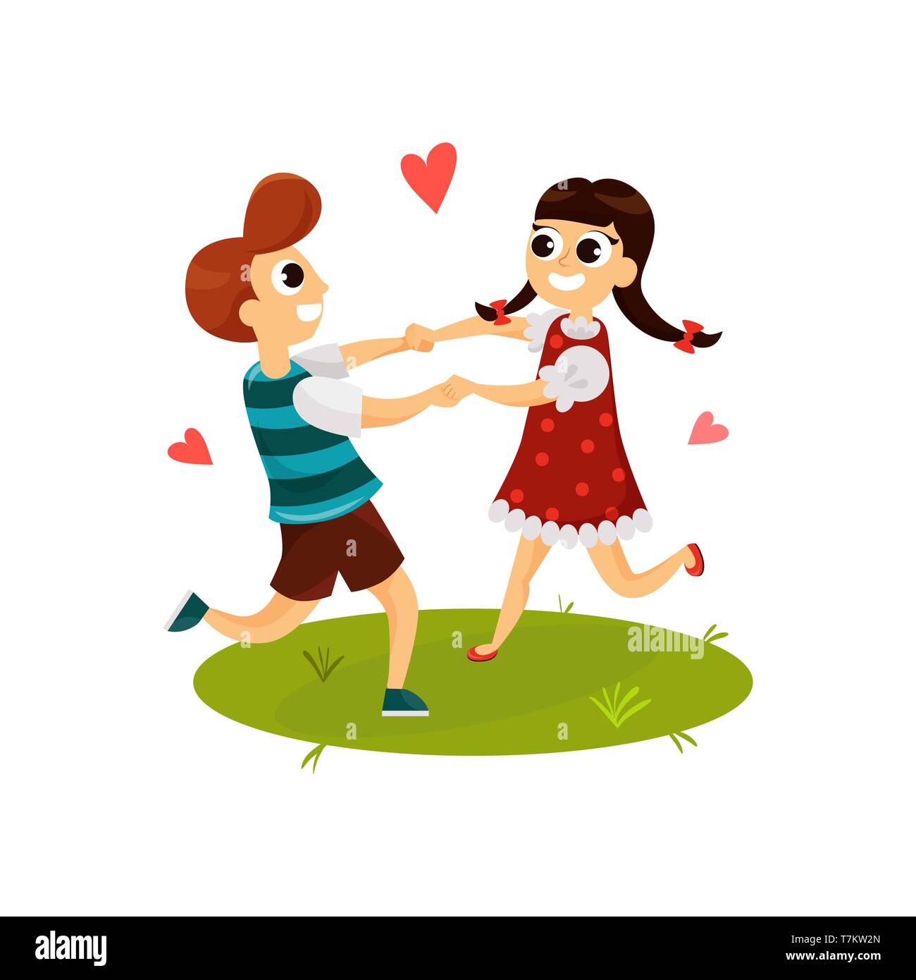 Un ragazzo e una ragazza che gioca sull'erba. I bambini che giocano insieme in stile appartamento illustrazione vettore isolato su sfondo bianco Illustrazione Vettoriale