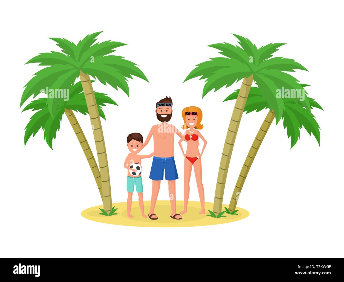 Madre padre e figlio sulla spiaggia d'oro. La famiglia felice in vacanza, vacanze concetto stile piatto illustrazione vettoriale Illustrazione Vettoriale