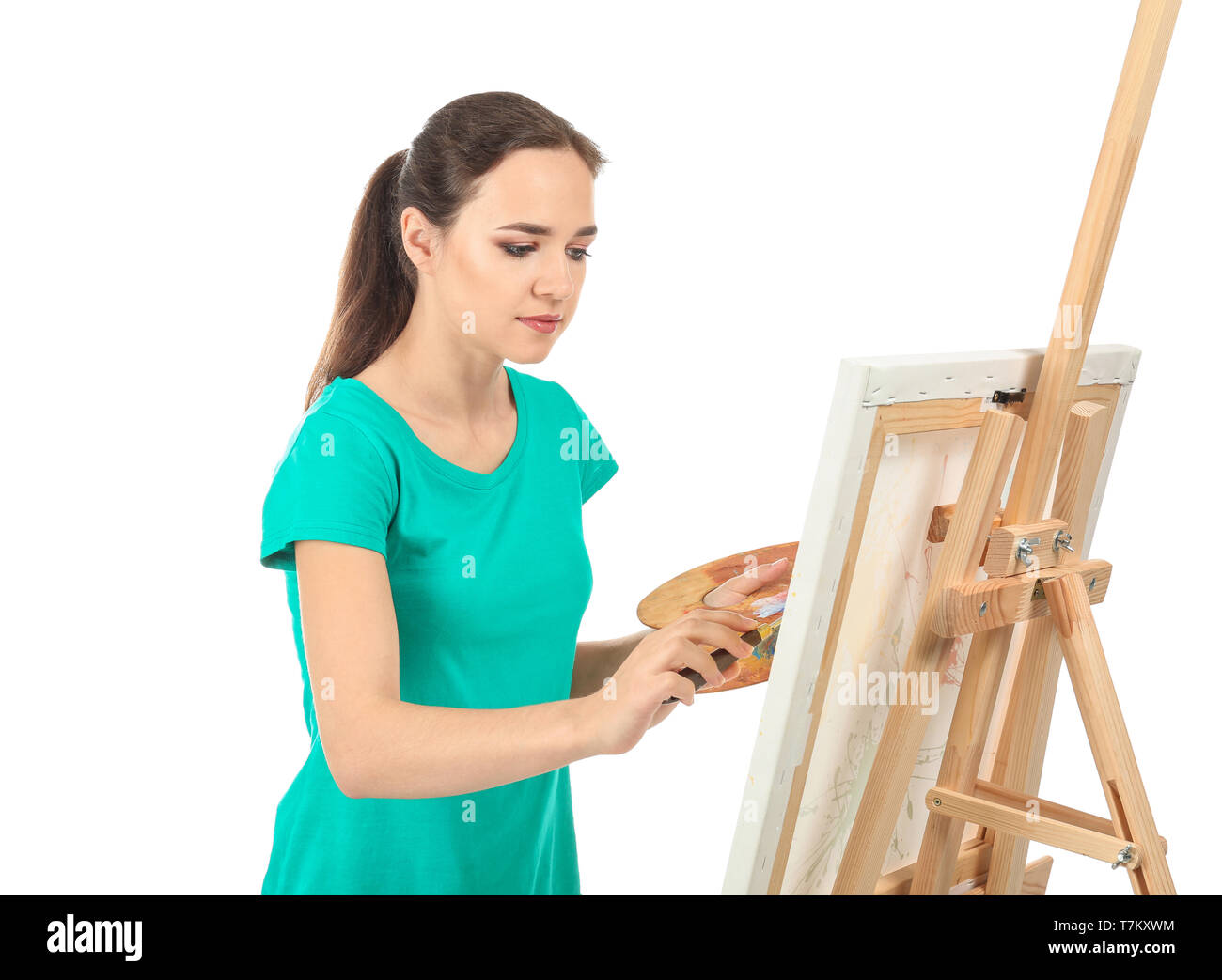 Artista femminile pittura immagine su sfondo bianco Foto Stock