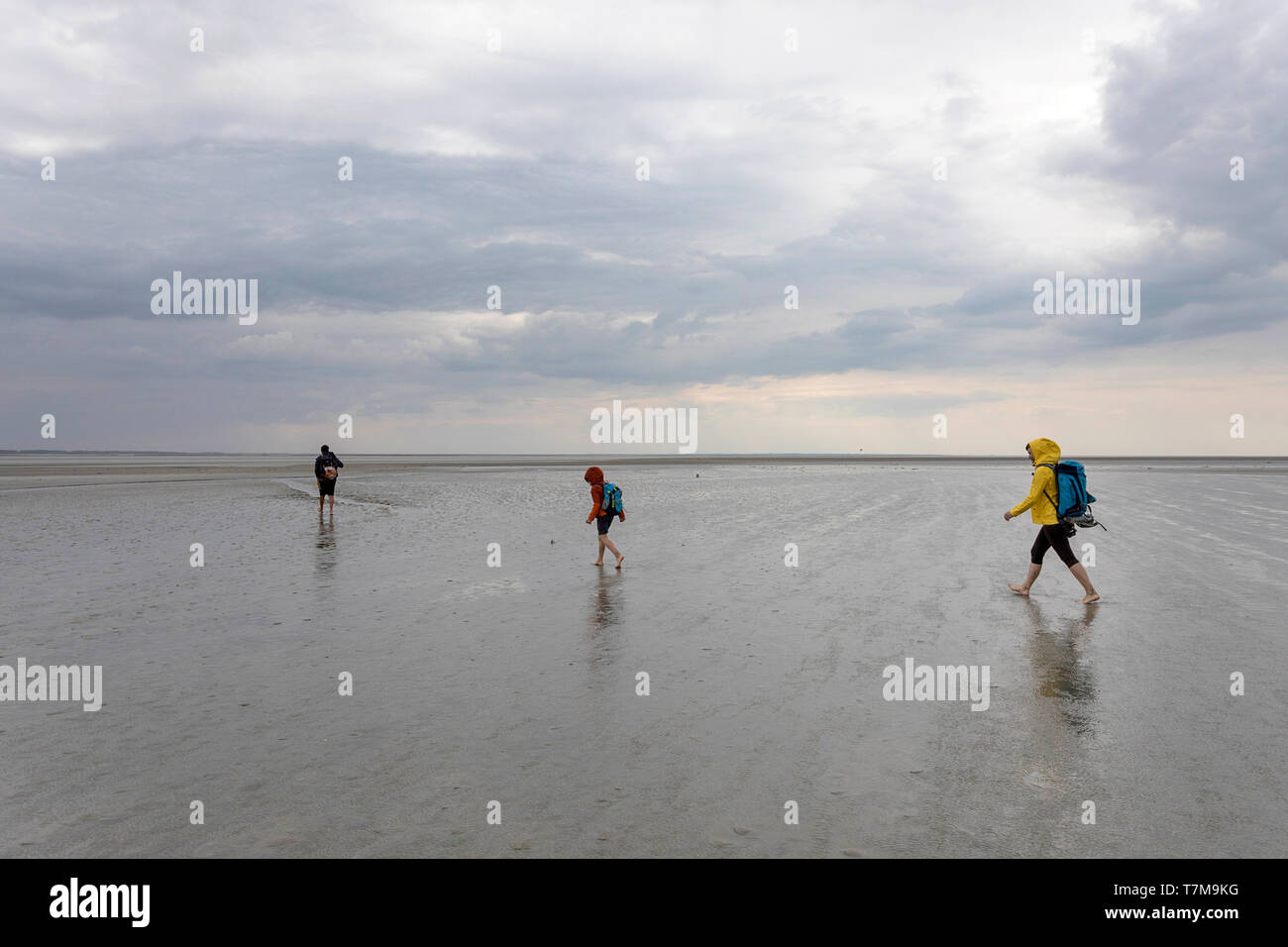 Famiglia attraversando la baia di Mont Saint Michel con una guida turistica a bassa marea, Normandia, Francia Foto Stock