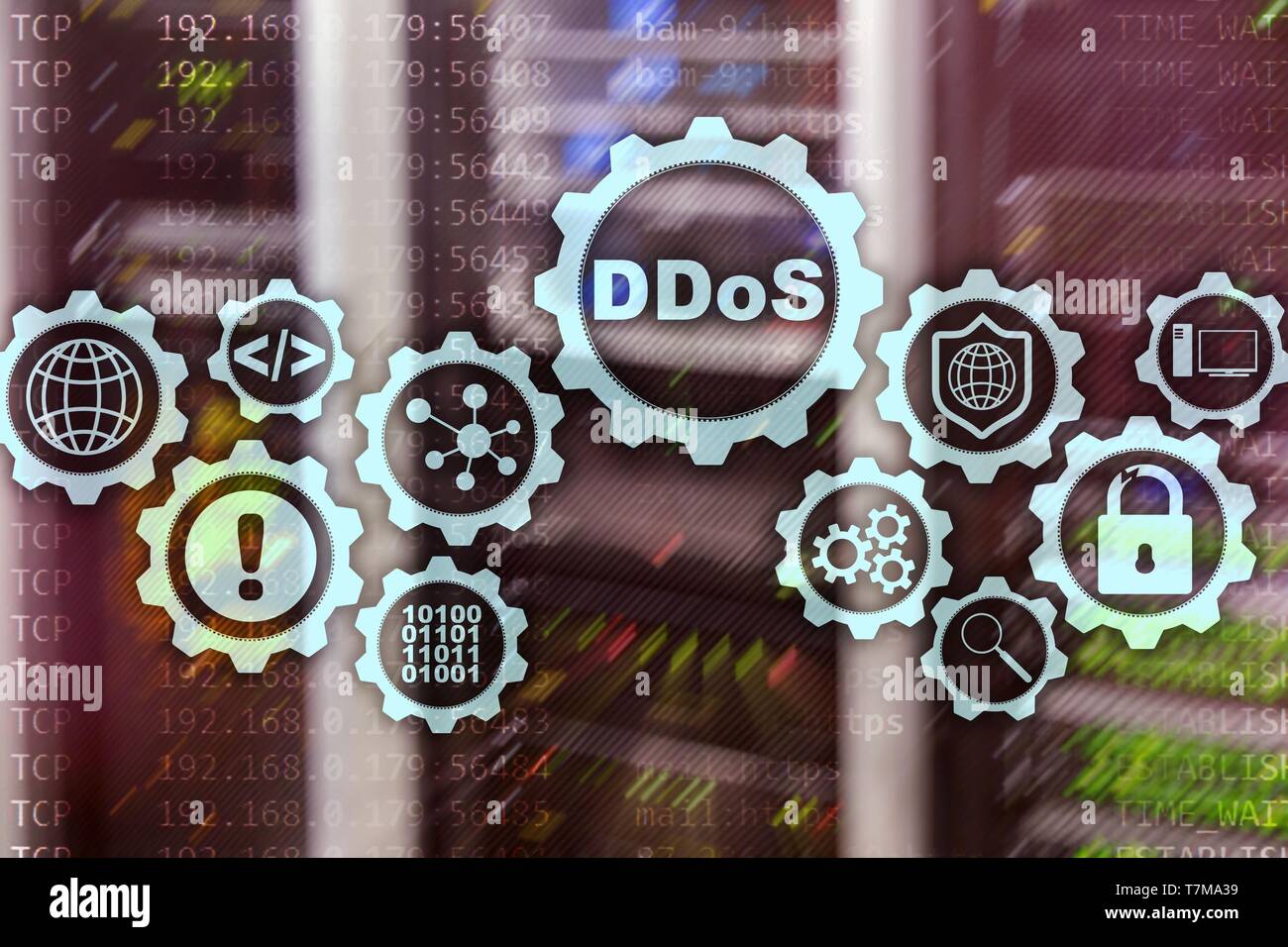 DDoS cyber attacco. Tecnologia, Internet e la rete di protezione del concetto. Server datacenter sfondo. Foto Stock