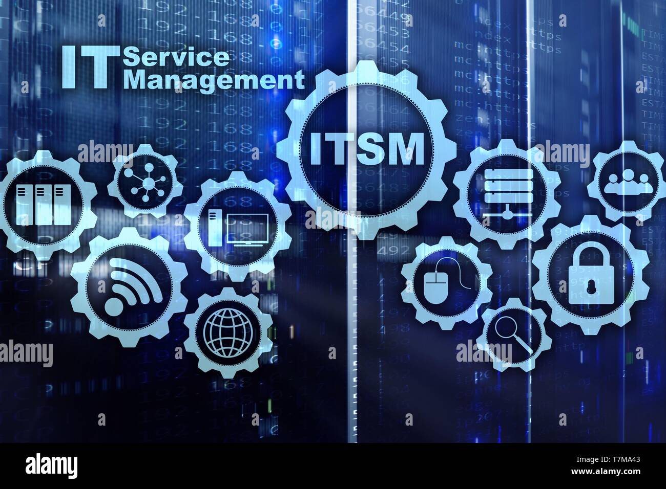 ITSM. La gestione dei servizi IT. Concetto di information technology service management su sfondo supercomputer. Foto Stock