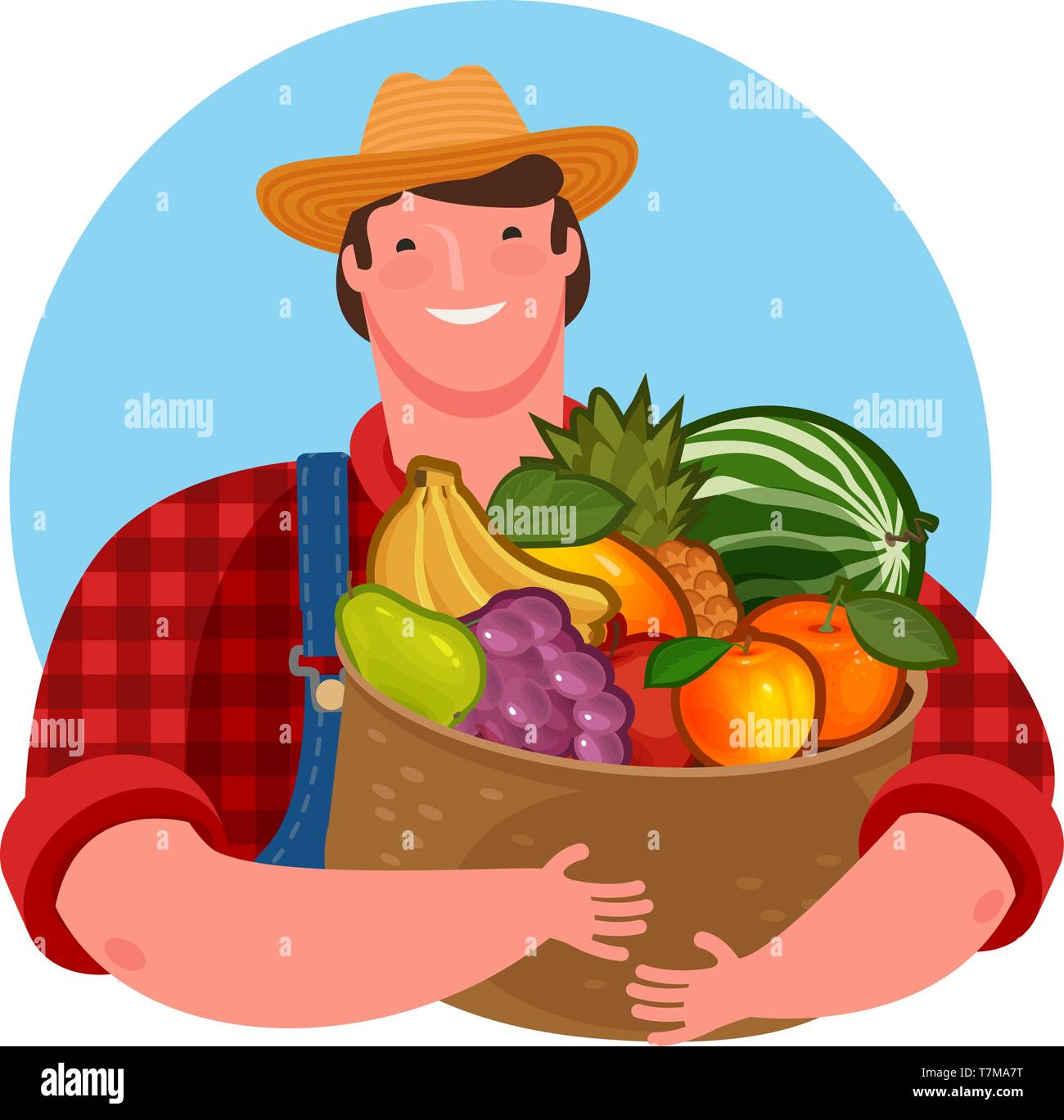 L'agricoltore che detiene un cesto di frutta fresca. Prodotto naturale, cibo illustrazione vettoriale Illustrazione Vettoriale