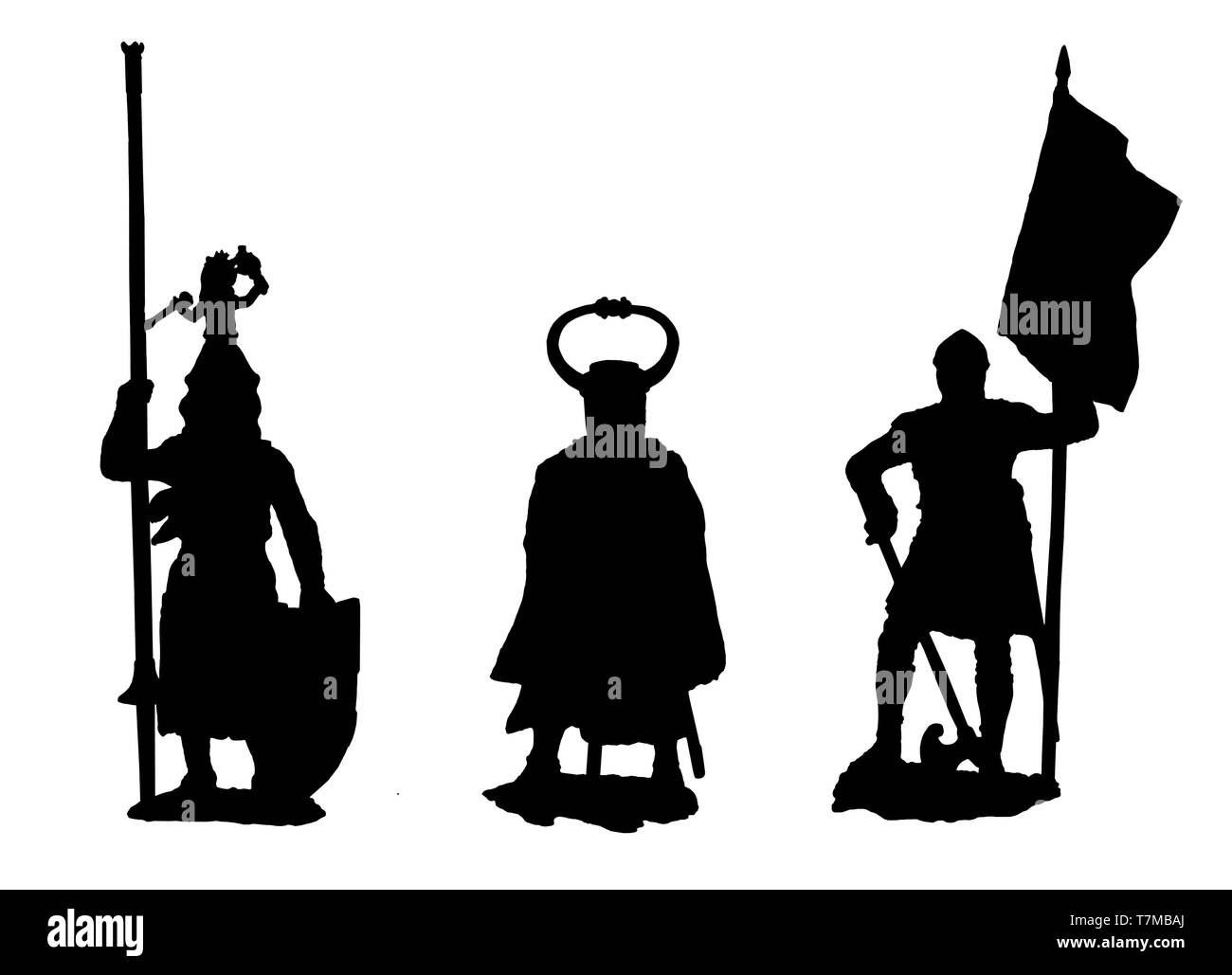 Cavalieri medievali illustrazione. Set di 3 cavalieri. Bianco e nero silhouette. Foto Stock