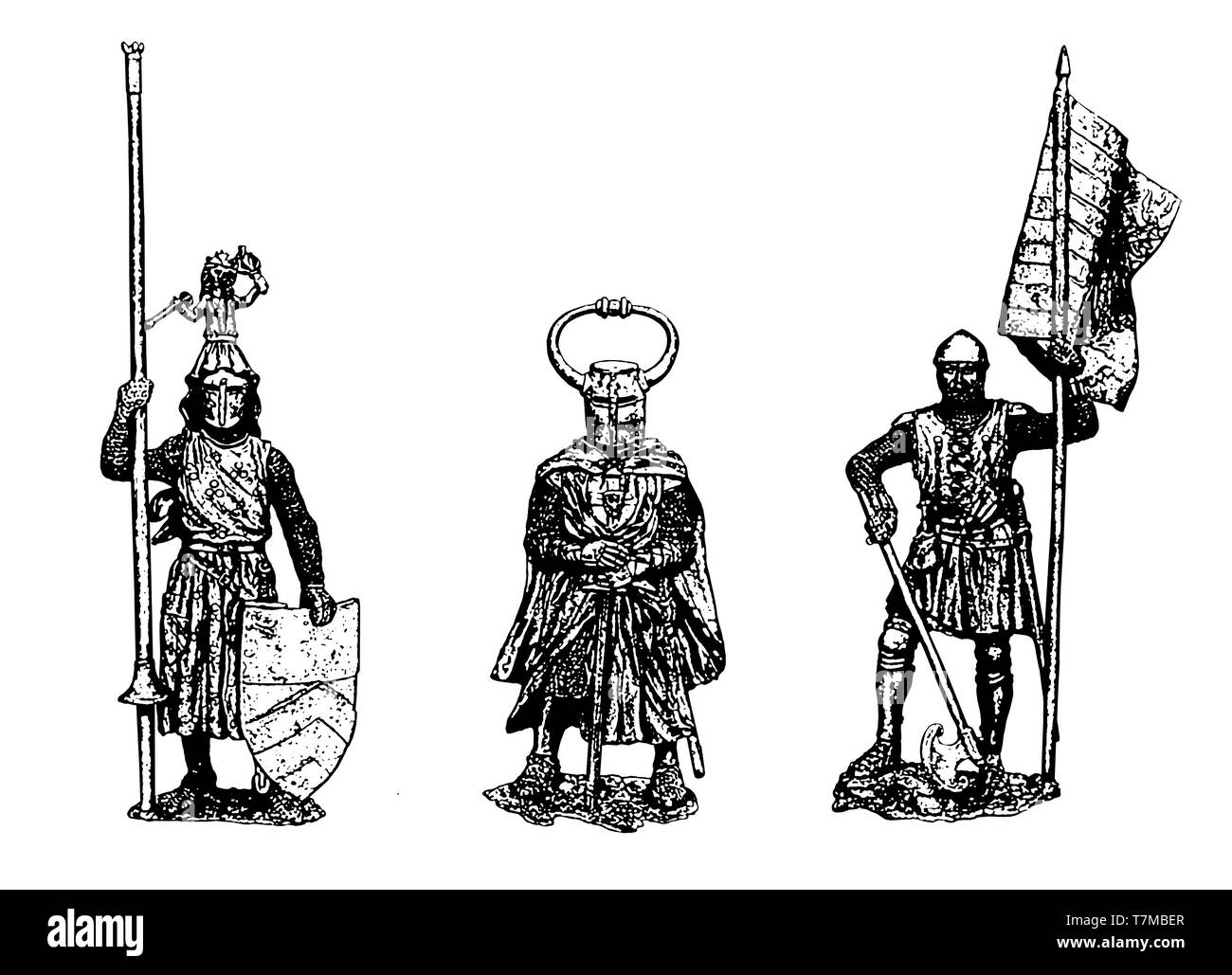 Cavalieri medievali illustrazione. Set di 3 cavalieri. Bianco e nero silhouette. Foto Stock