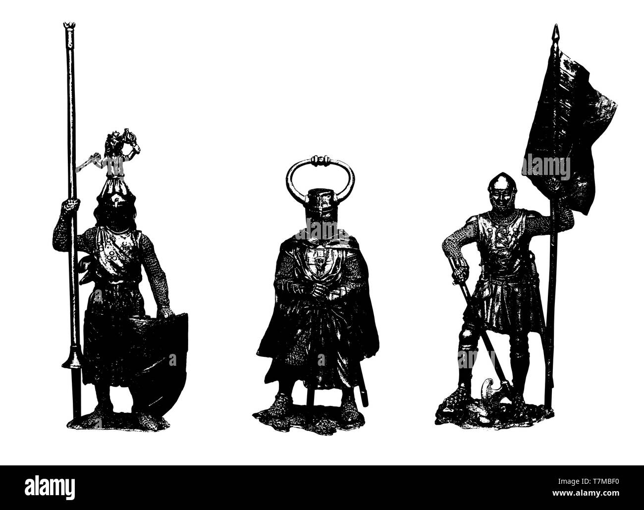 Cavalieri medievali illustrazione. Set di 3 cavalieri. In bianco e nero il disegno. Foto Stock