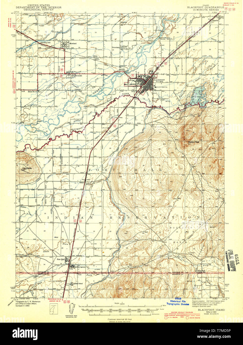 USGS TOPO Map ID Idaho Blackfoot 238927 1943 62500 Restauro Foto Stock