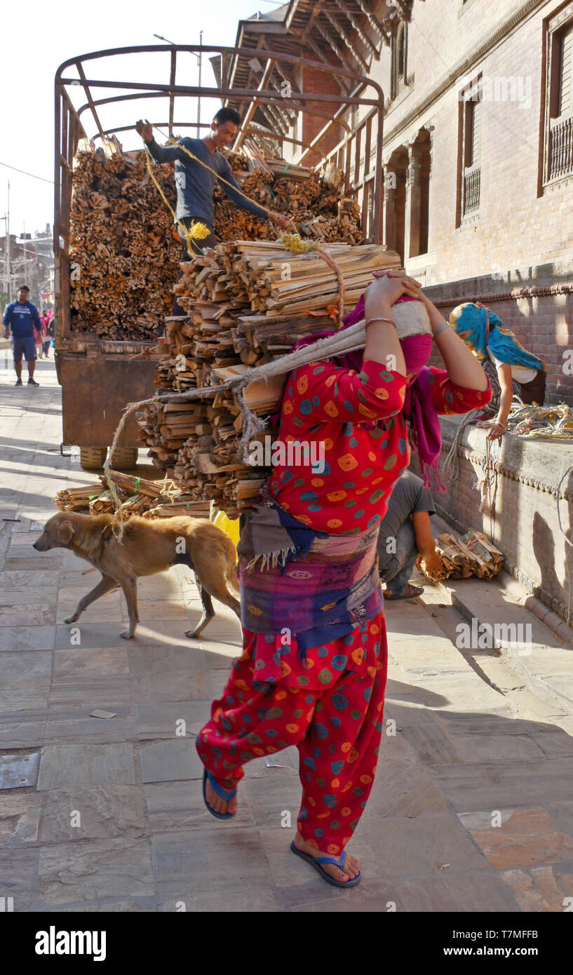 Lavoratori scaricare la legna da ardere da un carrello e portarlo al funerale ghats, Pashupatinath tempio indù, Valle di Kathmandu, Nepal Foto Stock
