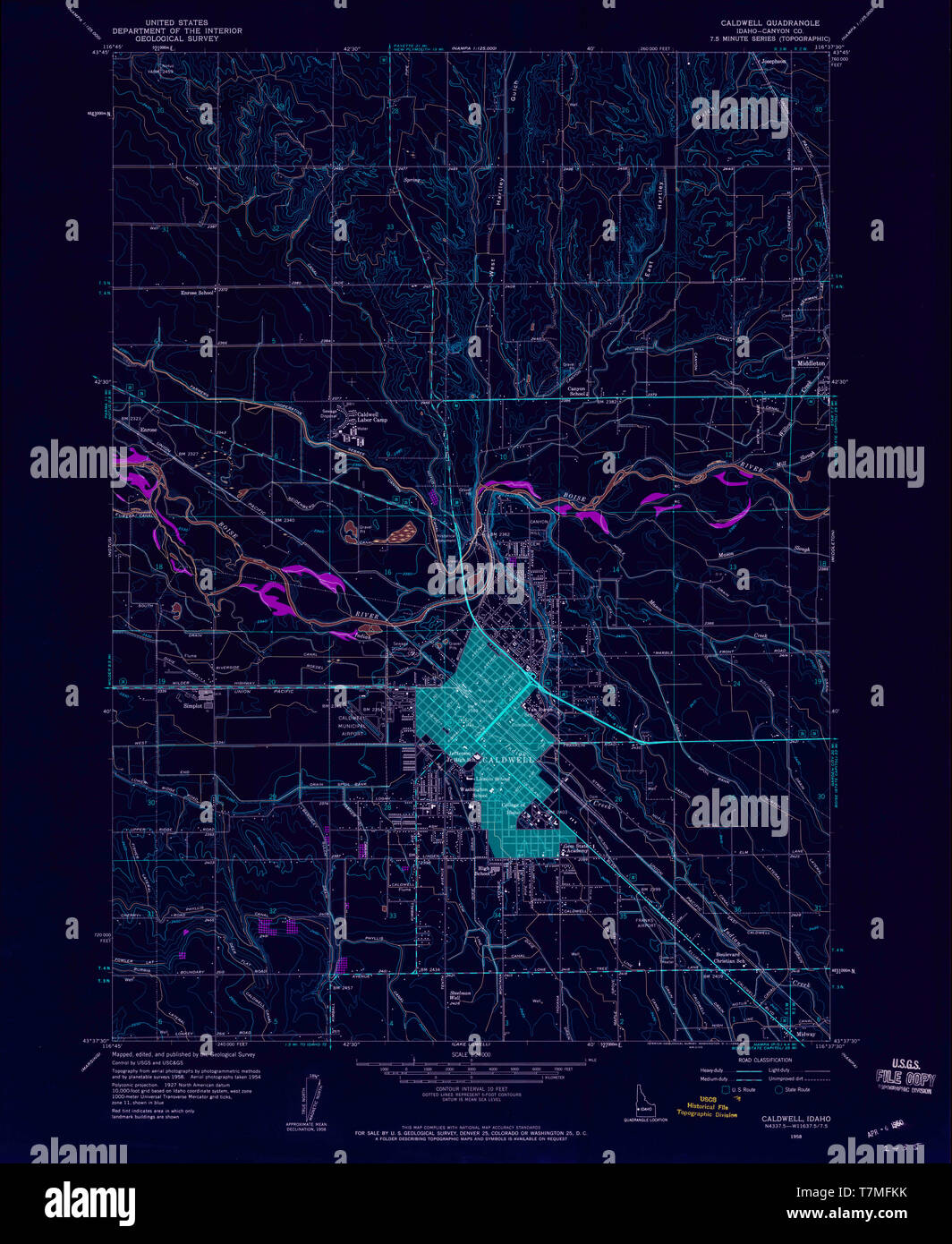 USGS TOPO Map ID Idaho Caldwell 235557 1958 24000 Restauro invertito Foto Stock
