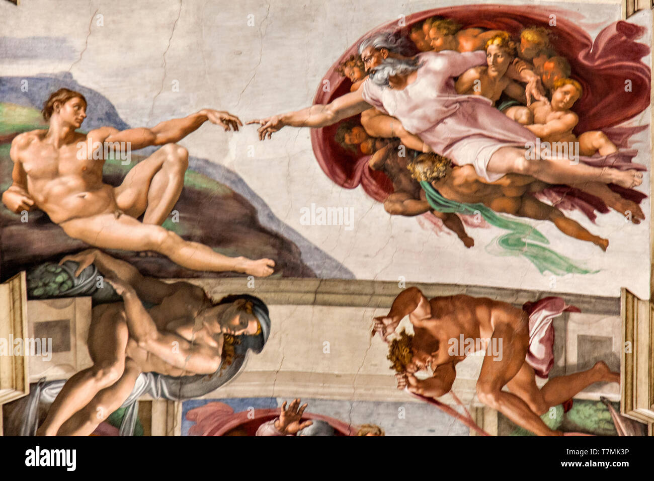 La creazione di Adamo di Michelangelo nella Cappella Sistina soffitto dipinti murali, Città del Vaticano, Roma, Italia Foto Stock