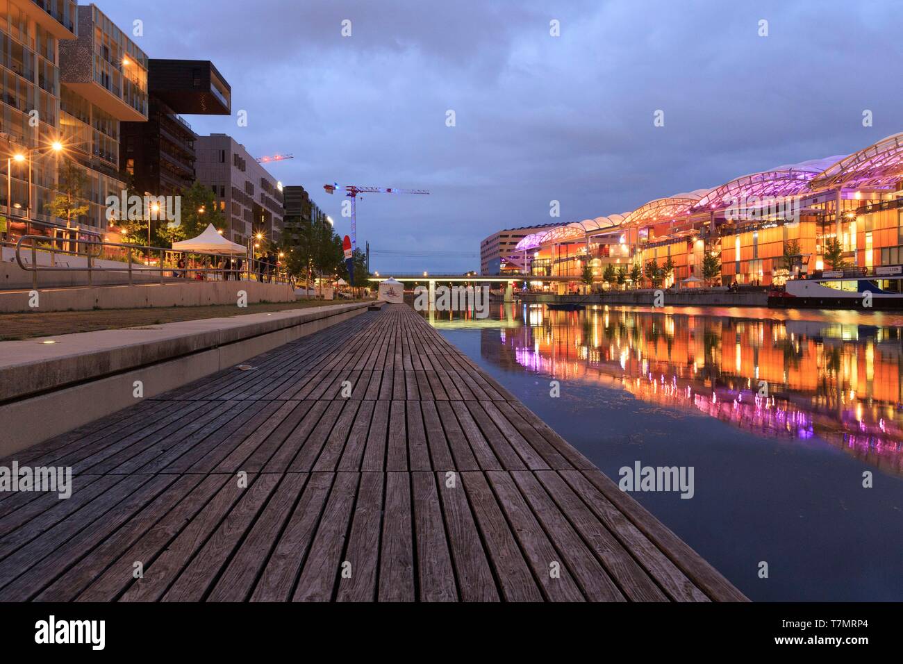 Francia, Rhône, Lione, 2° distretto, La confluenza district, La Saône, nautico, quai Antoine Riboud, Barthélémy quay Arlès Dufour e Il Pôle de loisirs confluenza in background Foto Stock