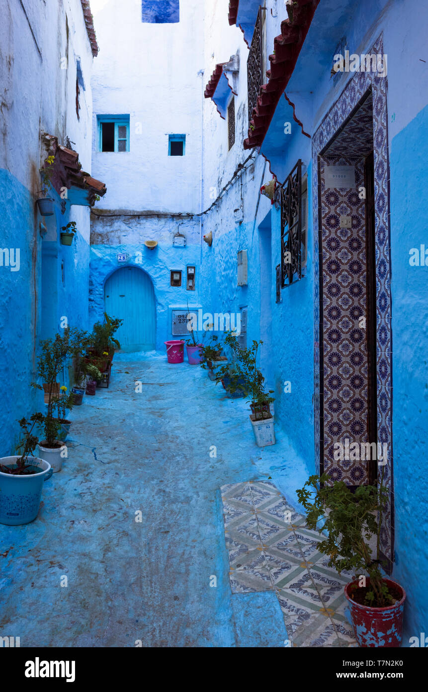 Chefchaouen, Marocco : Blu-lavato vicolo della medina old town. Foto Stock