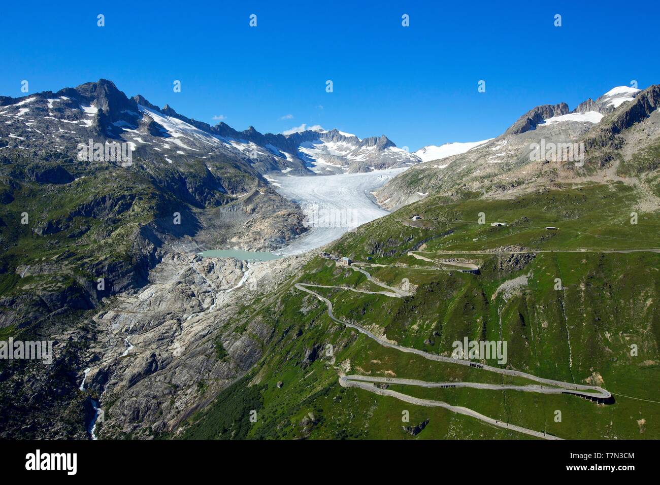 La Svizzera nel canton Vallese, Furka Pass, ghiacciaio del Rodano, Les Sources du Rhône, Hotel Belvédère Foto Stock