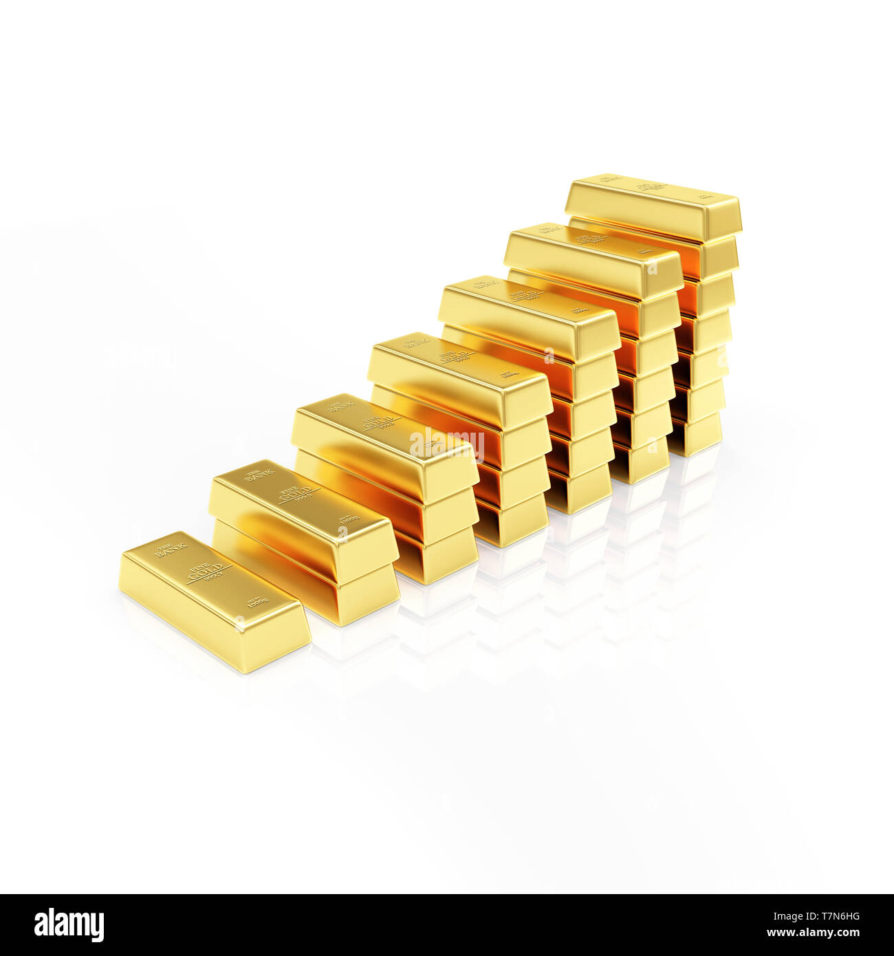 Business, finanziari, di successo o di ricchezza e la ricchezza del concetto. Grafico di affari realizzato da Golden Bar isolato su bianco sfondo riflettente Foto Stock