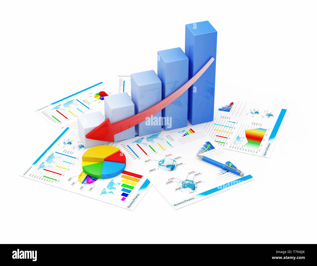 Business declino finanziario Analytics concetto. Grafico di Business declino, grafico a torta e relazioni finanziarie isolati su sfondo bianco Foto Stock