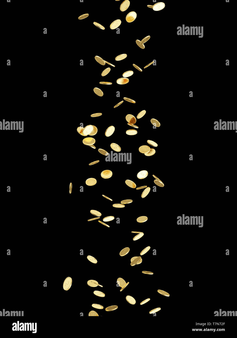 La caduta delle monete d'oro isolati su sfondo nero Foto Stock