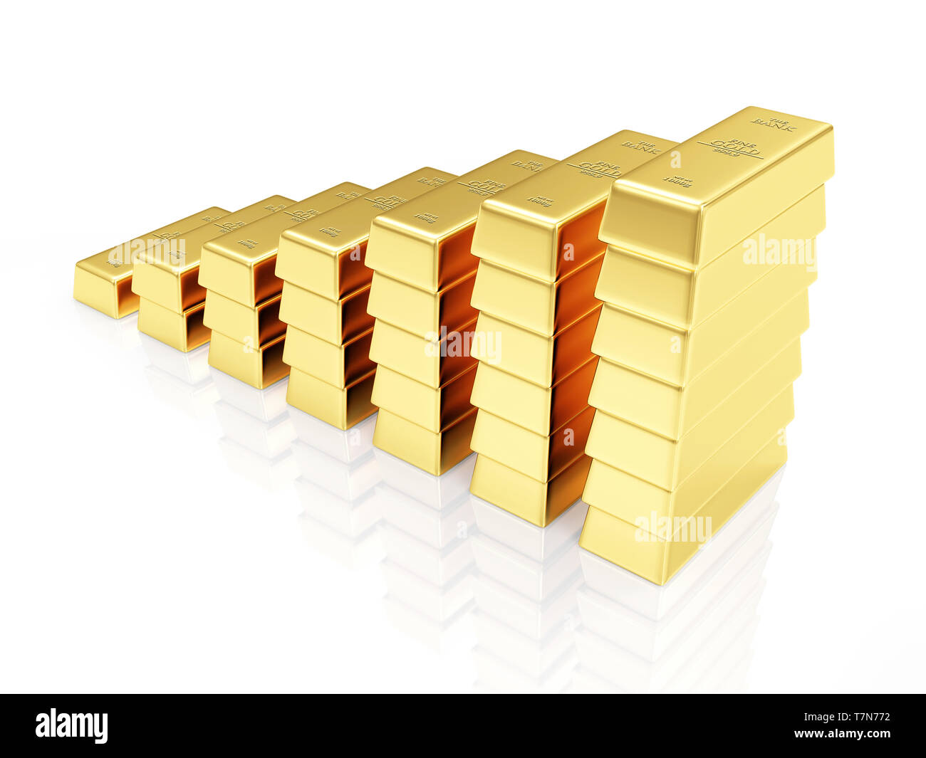 Business, finanziari, di successo o di ricchezza e la ricchezza del concetto. Grafico di affari realizzato da Golden Bar isolato su bianco sfondo riflettente Foto Stock