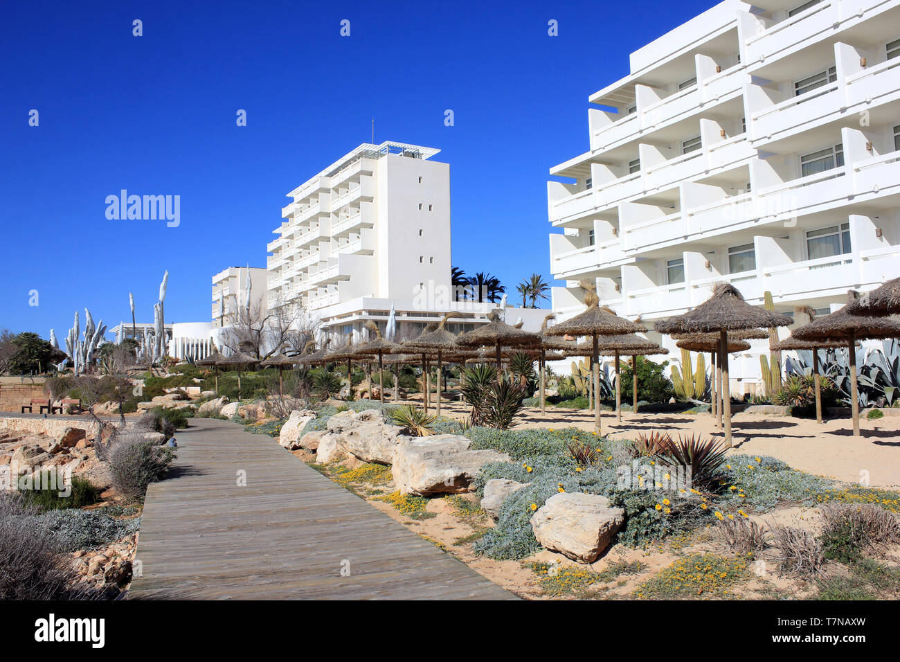 Passerella in legno lungo la promenade a Colonia Sant Jordi a Maiorca, SPAGNA Foto Stock