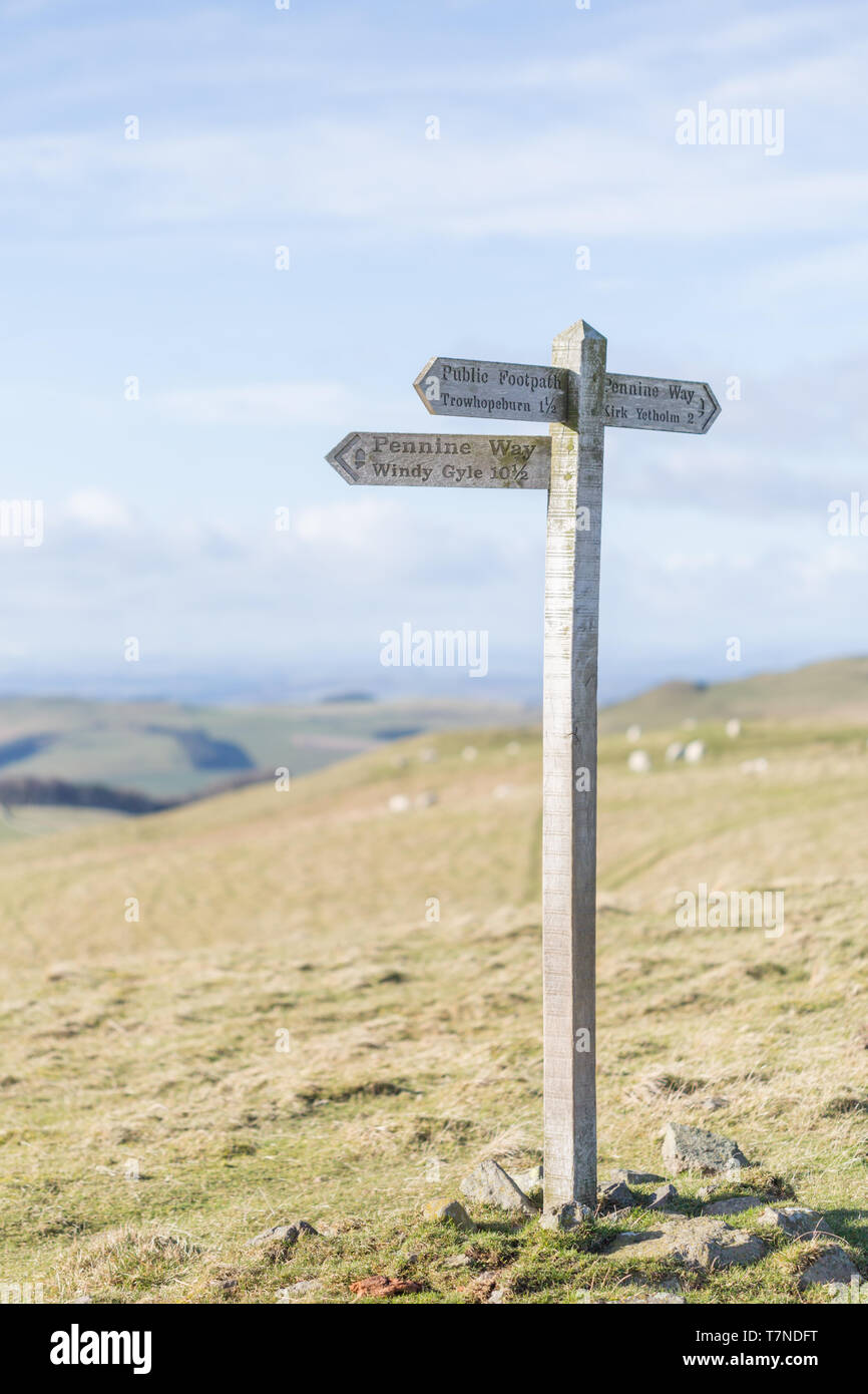 Visualizzazioni di immagini e da escursionismo la fine di del The Pennine Way attraverso aprire espansiva di brughiera su un bellissimo fine giornata invernale. Foto Stock