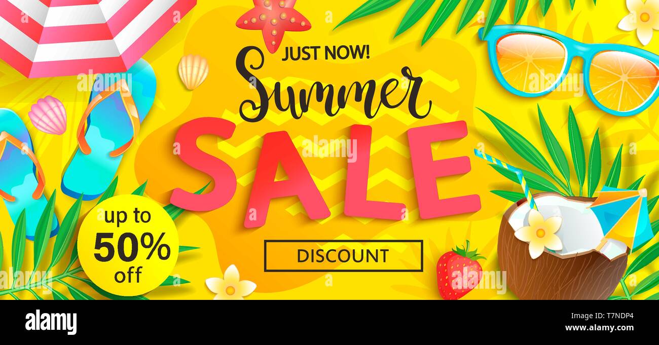 Estate vendita, proprio adesso lo sconto banner. Illustrazione Vettoriale