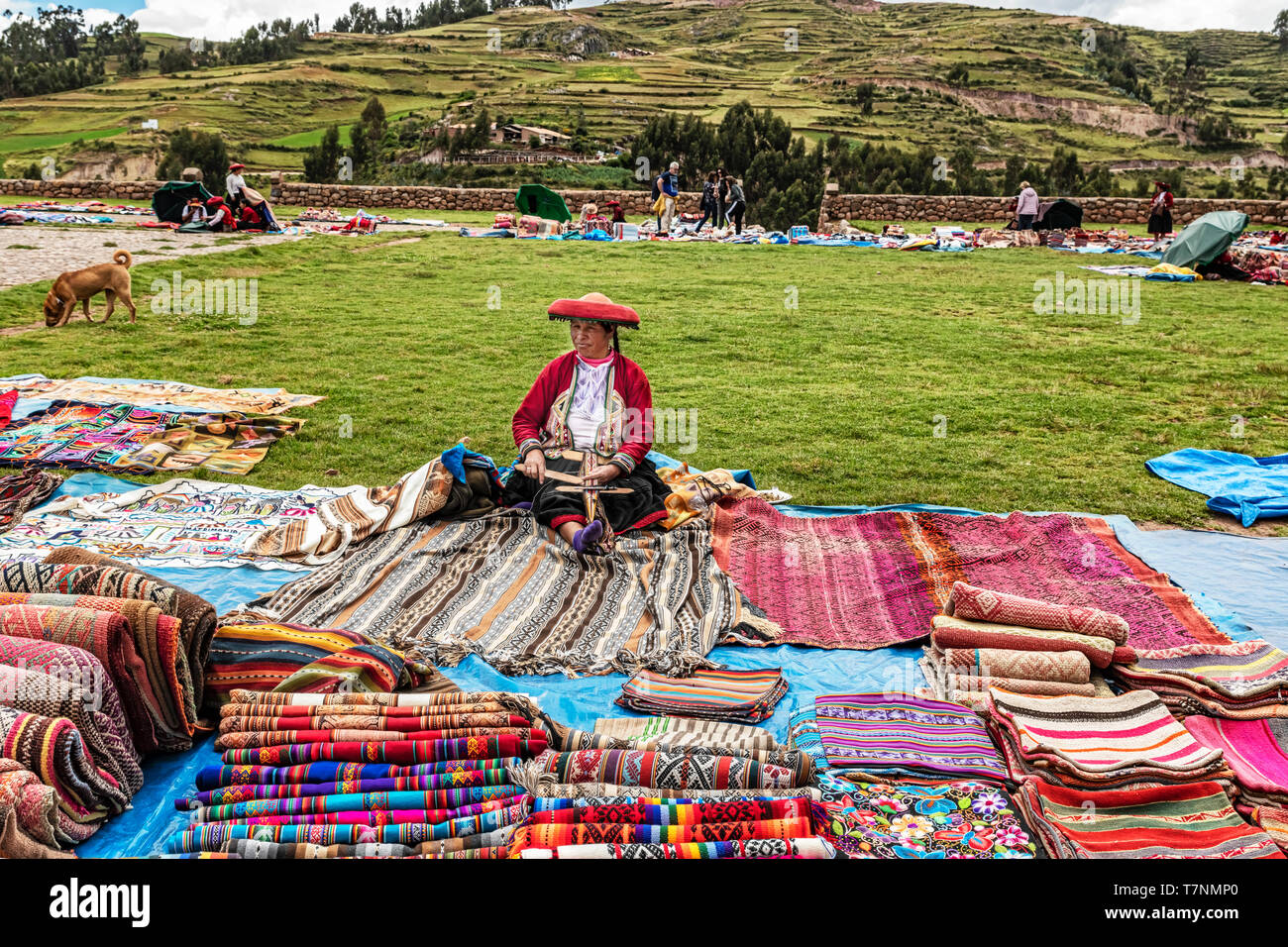 Chinchero, Perù - Aprile 4, 2019: donna locale vendita tradizionale Peruviano e di artigianato tessile a maglia prodotti fatti di lana di Alpaca presso la centrale di Pla Foto Stock