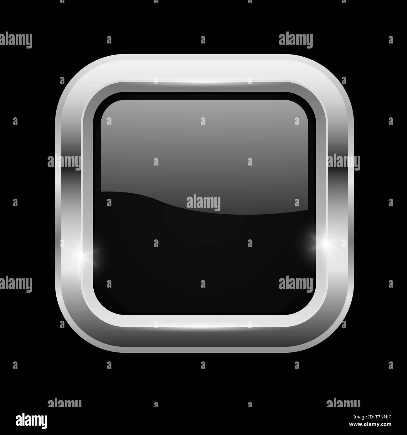 Quadrato nero pulsante di vetro con telaio cromato. Su sfondo nero Illustrazione Vettoriale