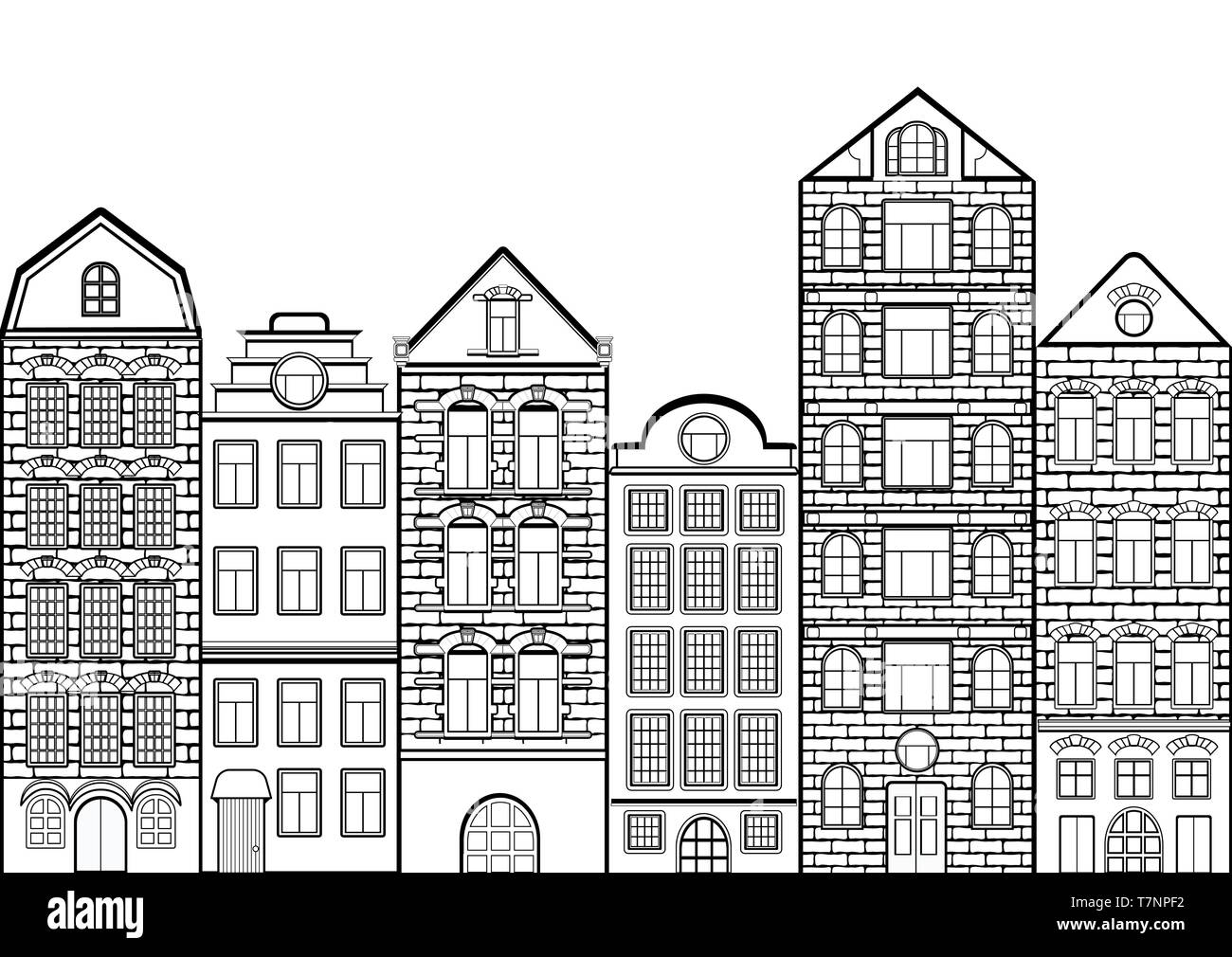 Frontiera senza giunture con case di contorno, il contorno del paesaggio urbano, in bianco e nero disegno, silhouette, colorazione sullo sfondo della città. La linea europea casa di mattoni Illustrazione Vettoriale