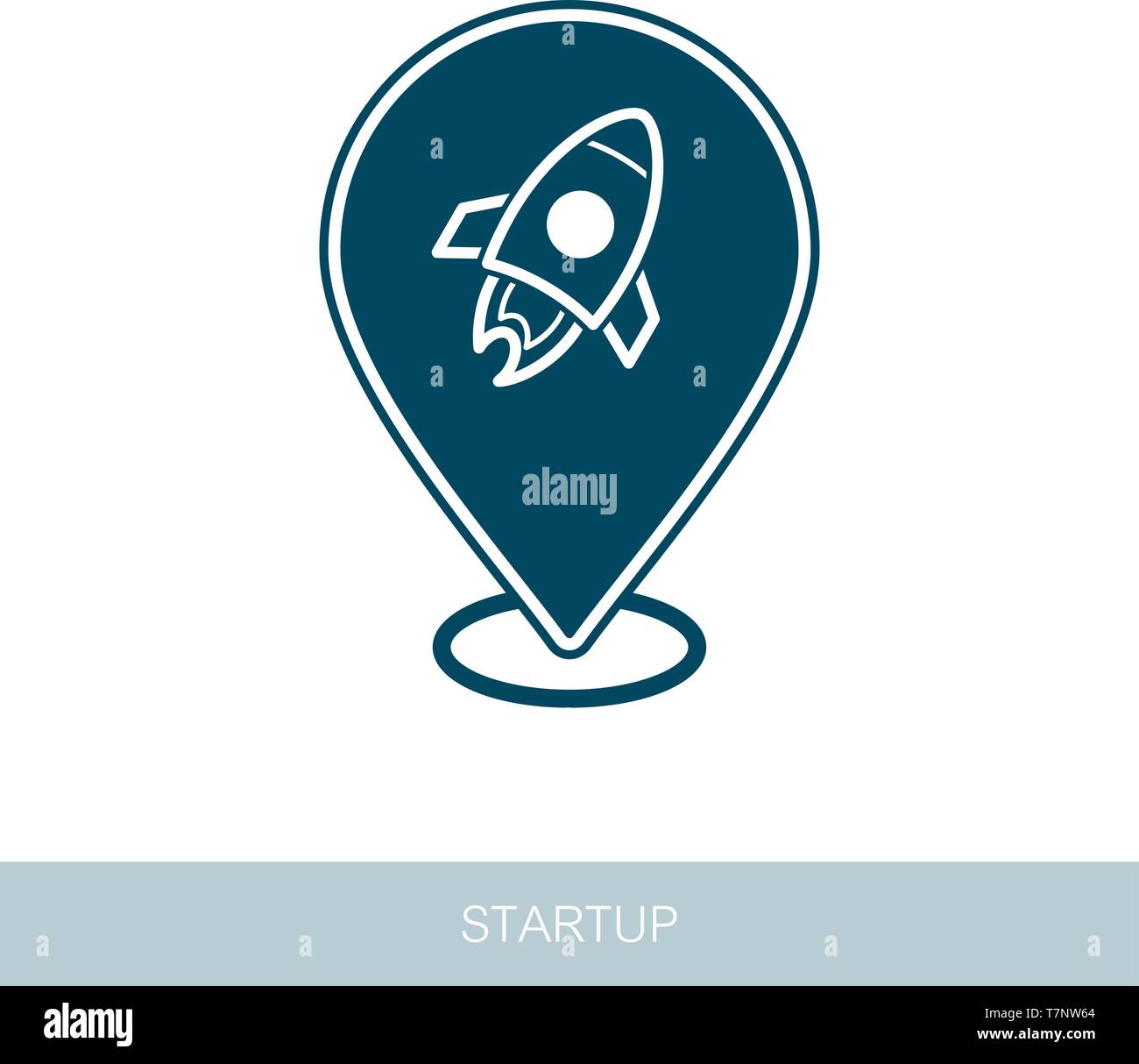Avviare il pin icona della mappa. Startup business rocket segno. Puntatore Mappa. I marcatori mappa. Il design del vettore di tecnologia blockchain, bitcoin, altcoins, cryptocurren Illustrazione Vettoriale