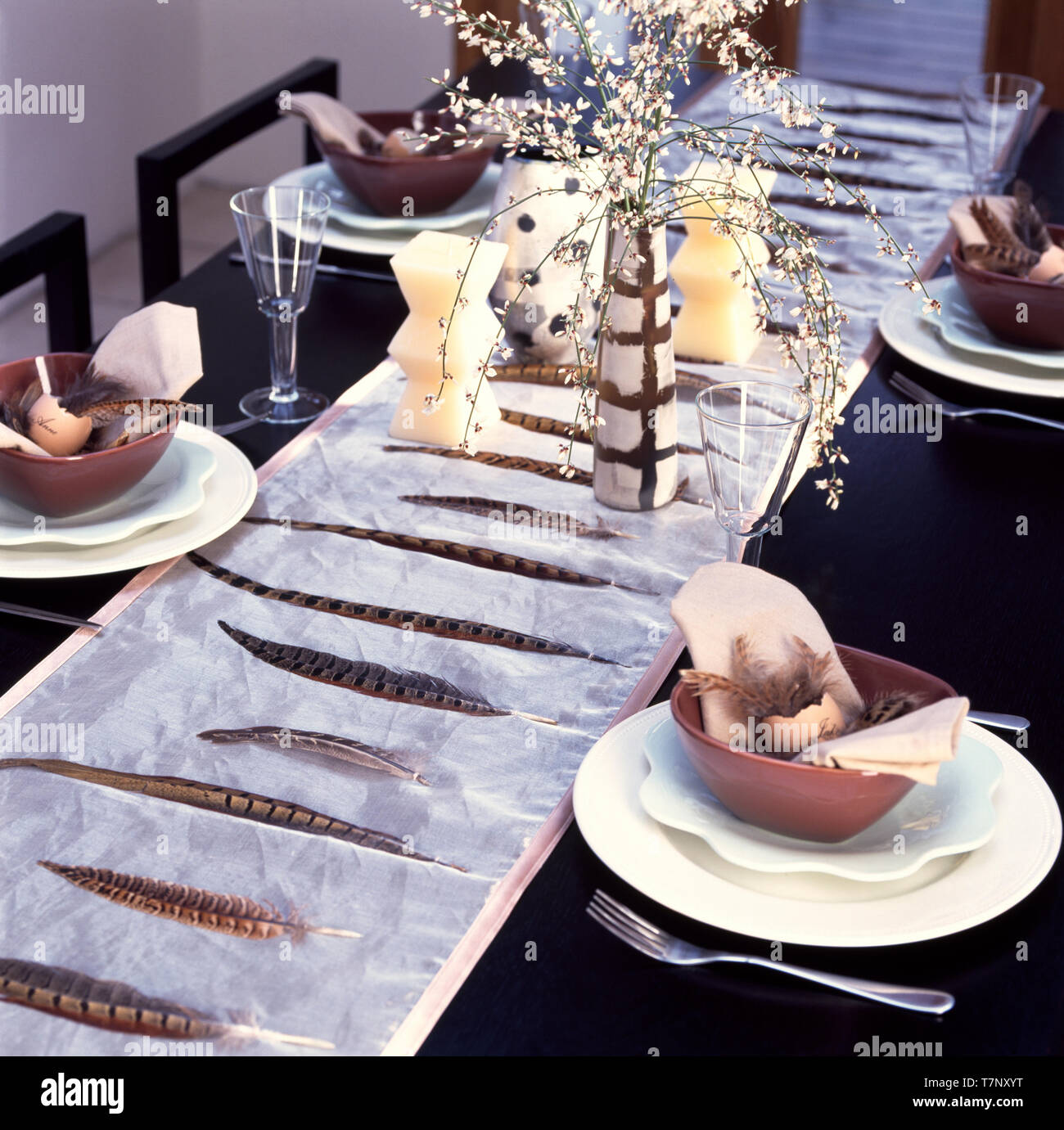 Tabella di organza runner rifinito con piume Foto Stock