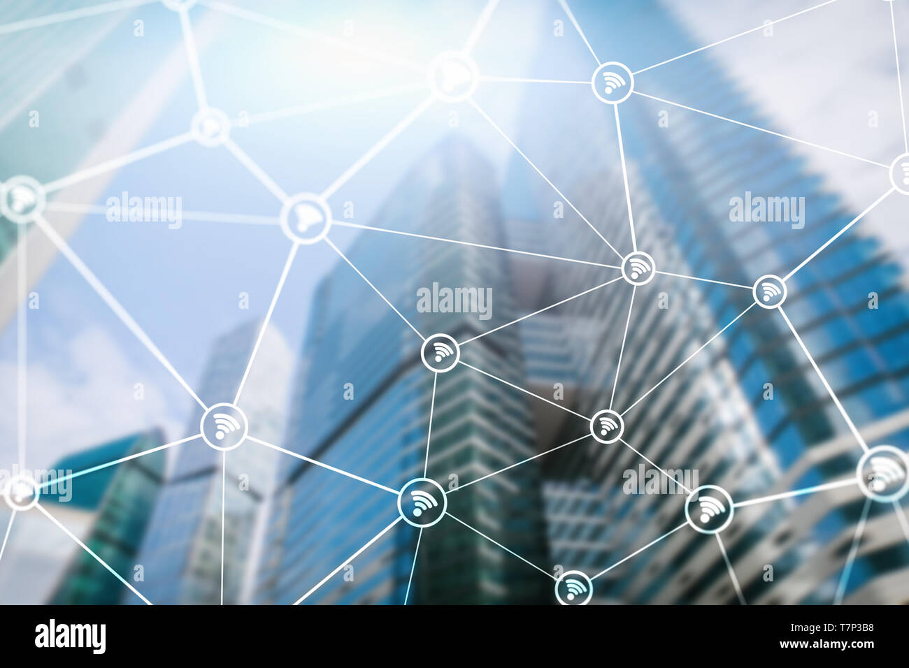 Rete Wifi sul business sfocata sullo sfondo al centro. Foto Stock