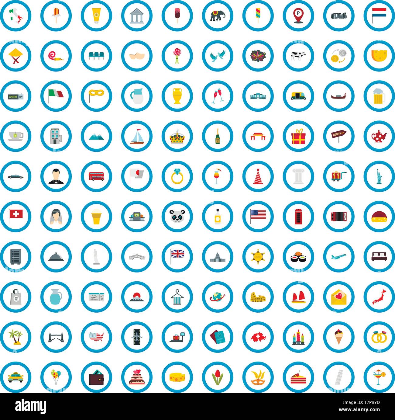 100 wedding tour set di icone di stile di Piana Illustrazione Vettoriale